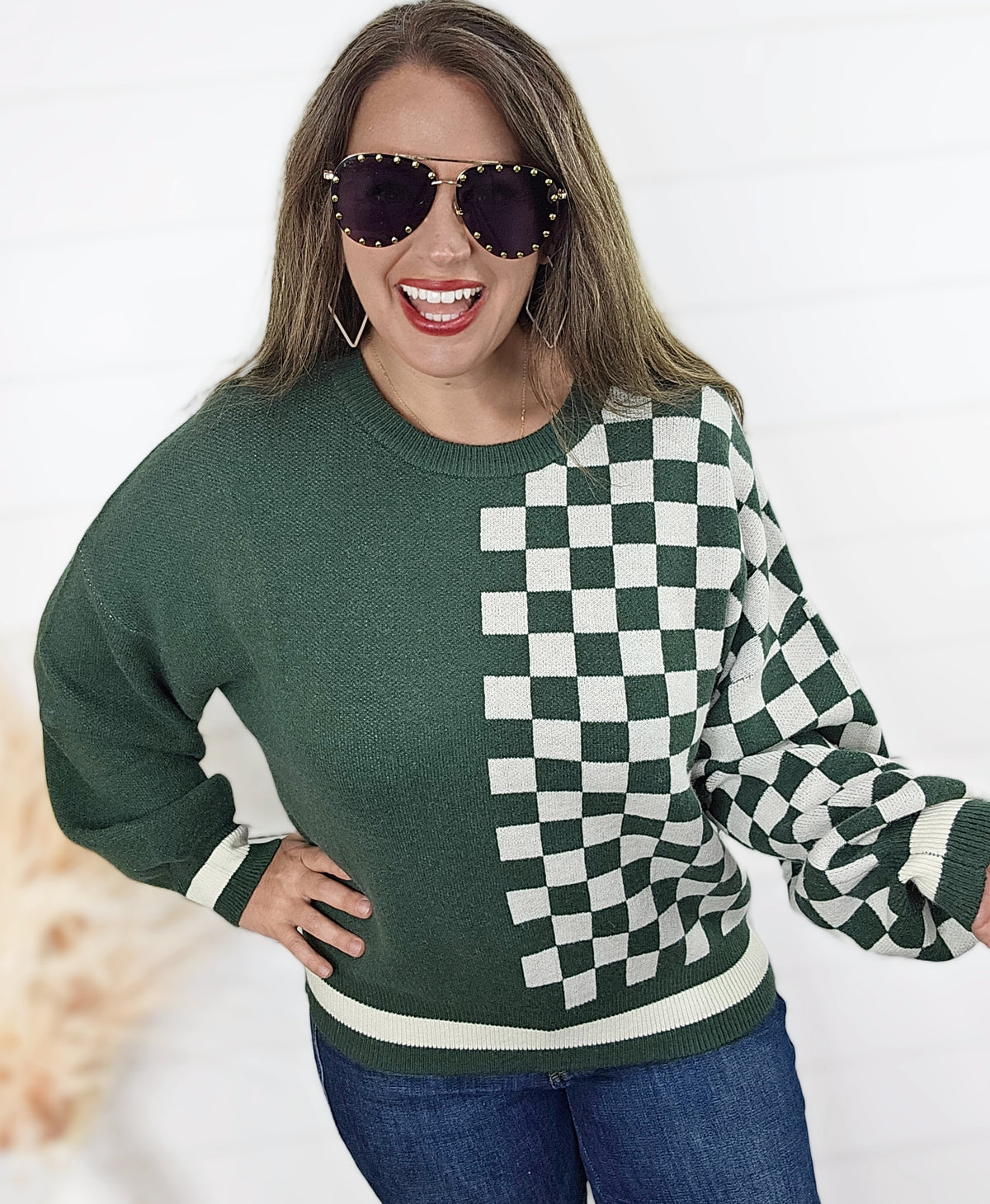 HUNTER GREEN CONTRAST CHECKERBOARD SWEATER