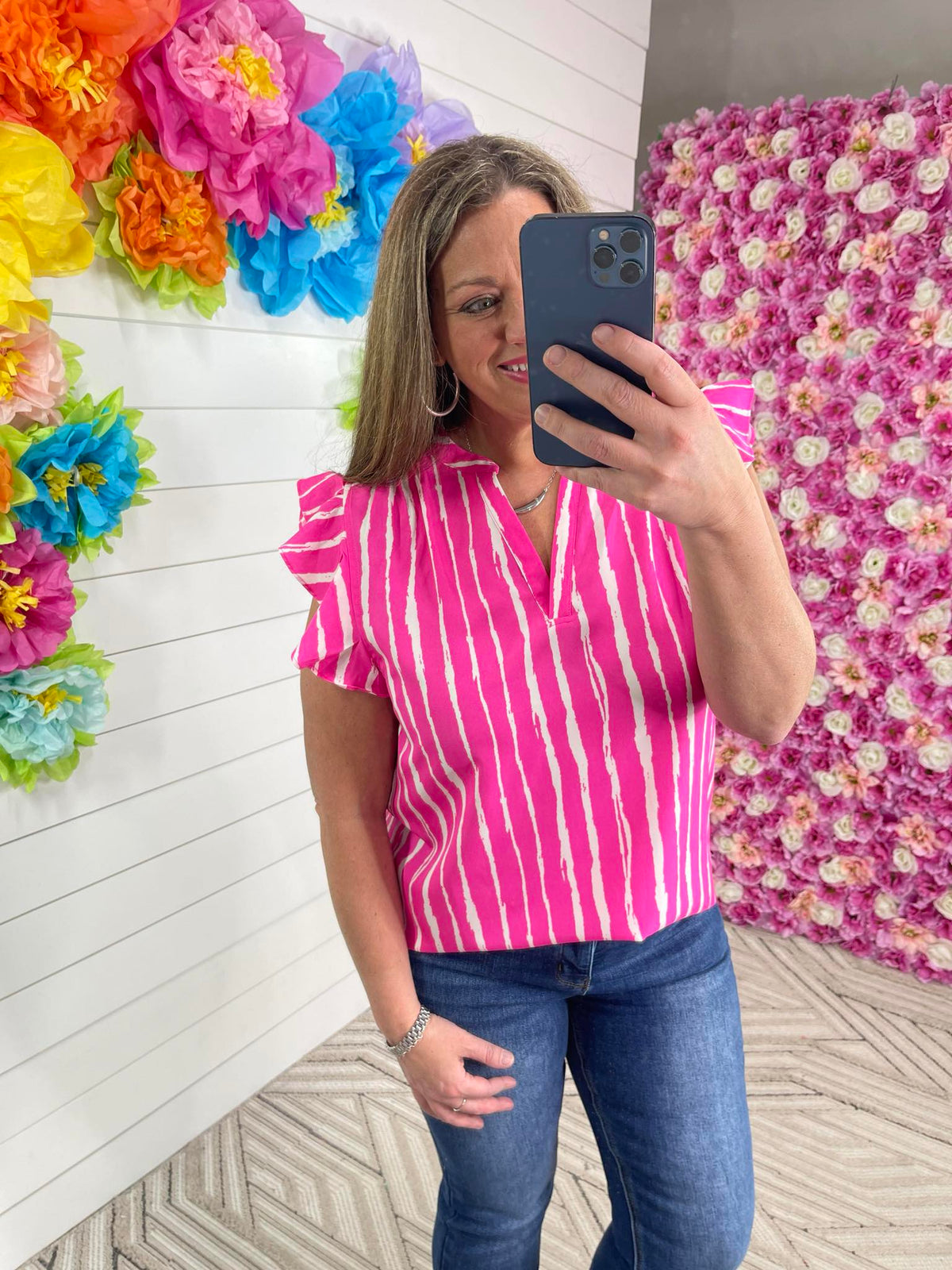 PINK/WHITE VERTICAL STRIPE WOVEN RUFFLE SLEEVE TOP