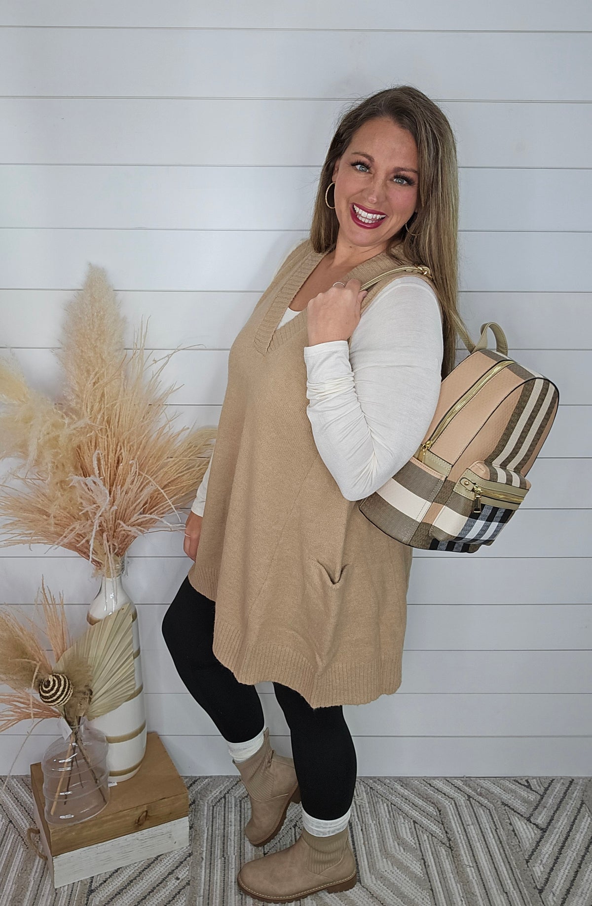 TAUPE OVERSIZED SWEATER VEST TUNIC W/ POCKETS