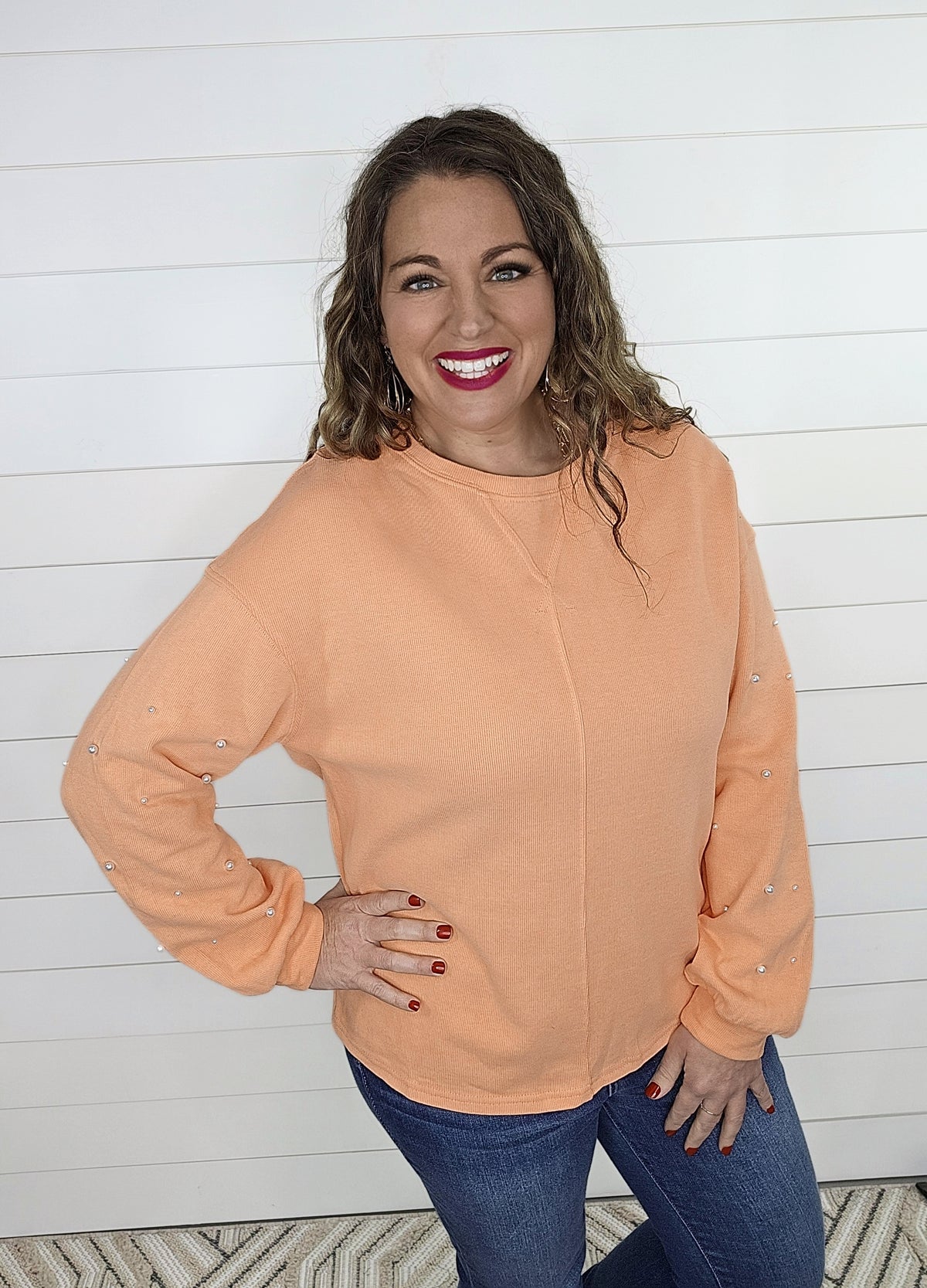 CORAL/PEARL SLEEVE SOFT MICRO CORD PULLOVER