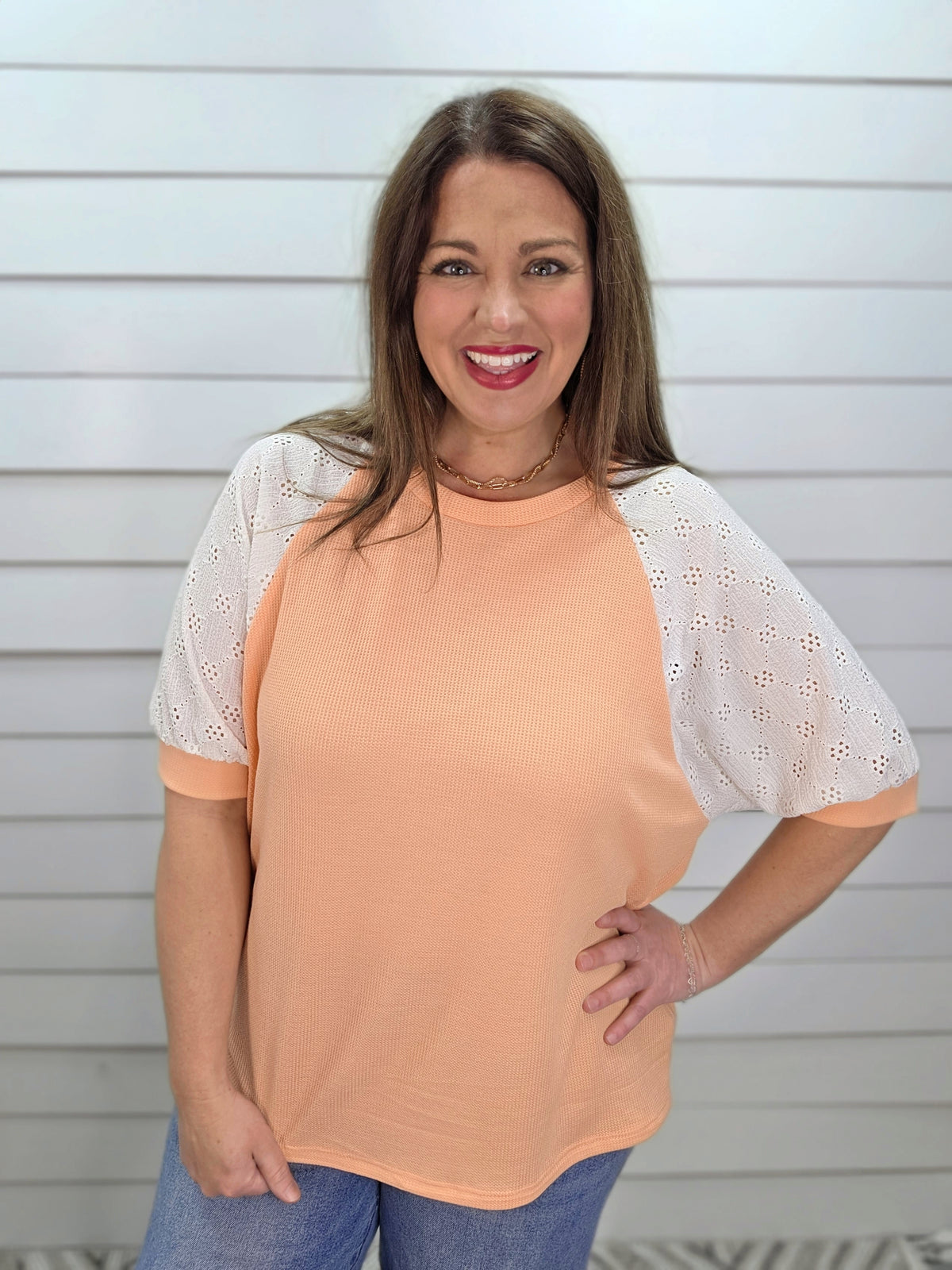 CORAL WAFFLE TEXTURE KNIT TOP W/ LACE CROCHET SLEEVES
