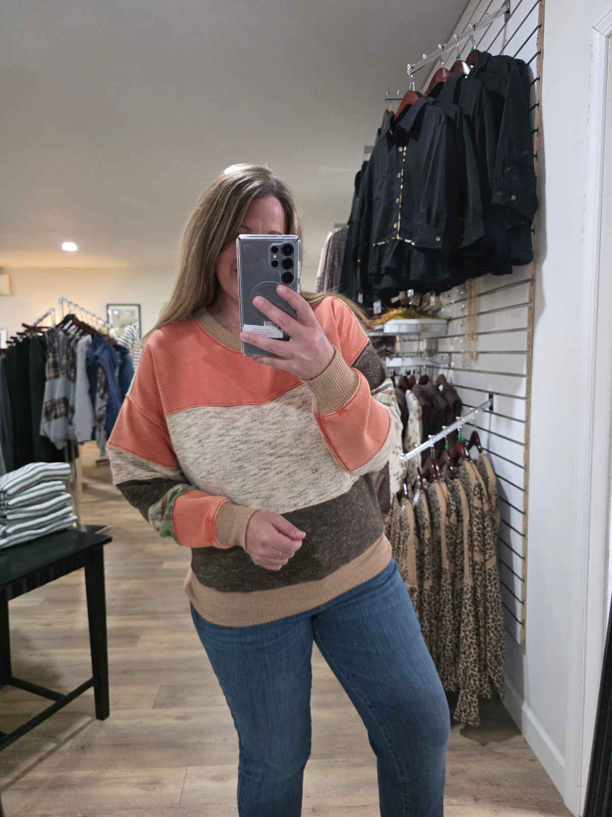 RUST MIX FABRIC/PLAID PULLOVER