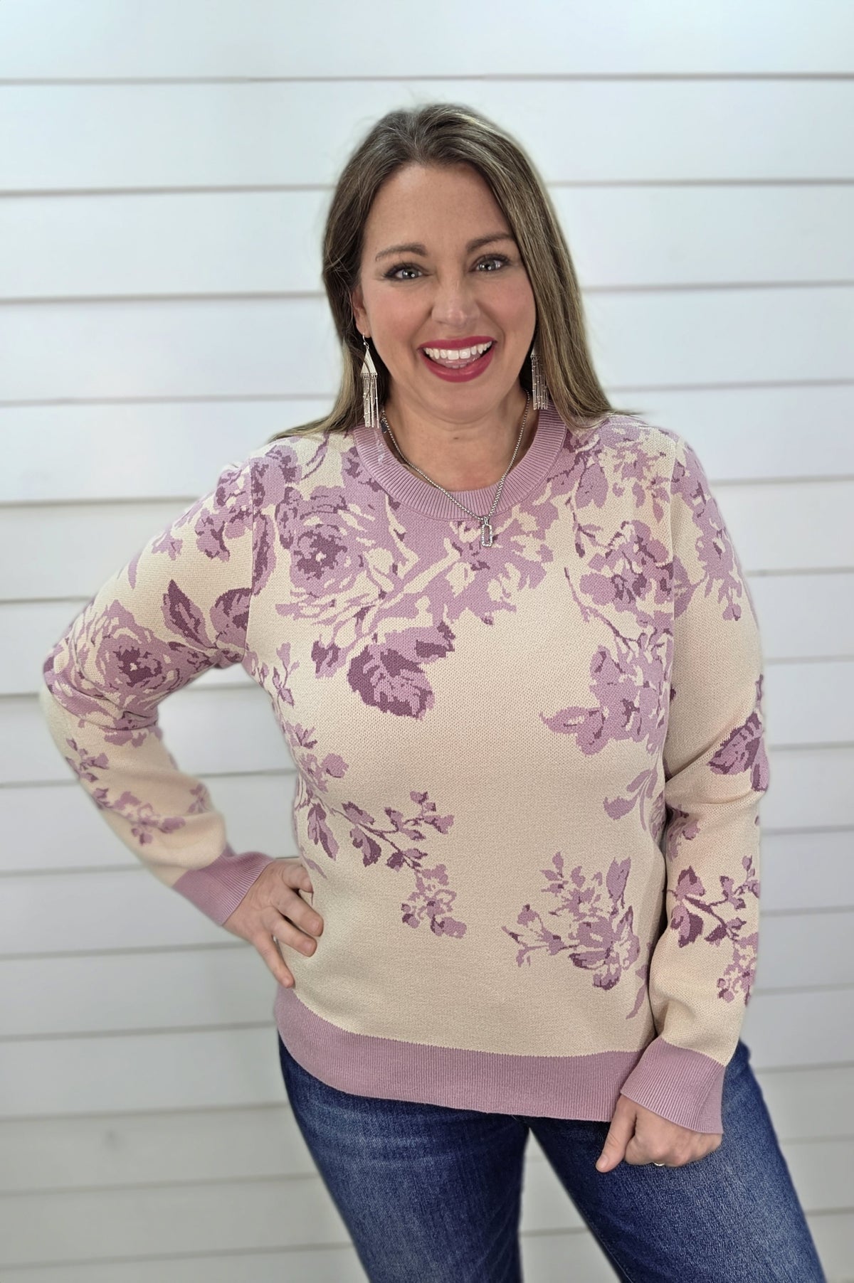 LAVEDNER/CREAM FLORAL KNIT SWEATER