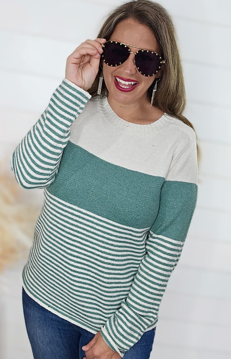 LT JADE COLORBLOCK STRIPE CREW NECK LIGHT WEIGHT SWEATER