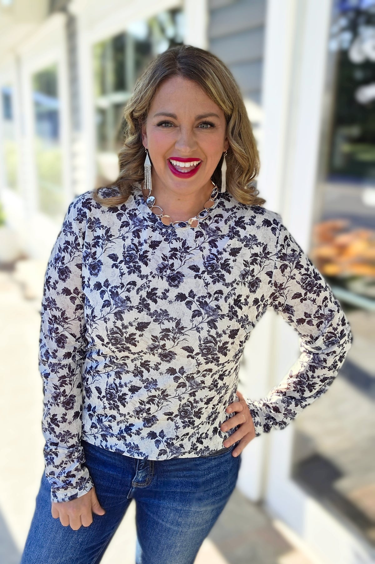 SHIRLEY AND STONE BLACK AND WHITE FLORAL MESH TOP