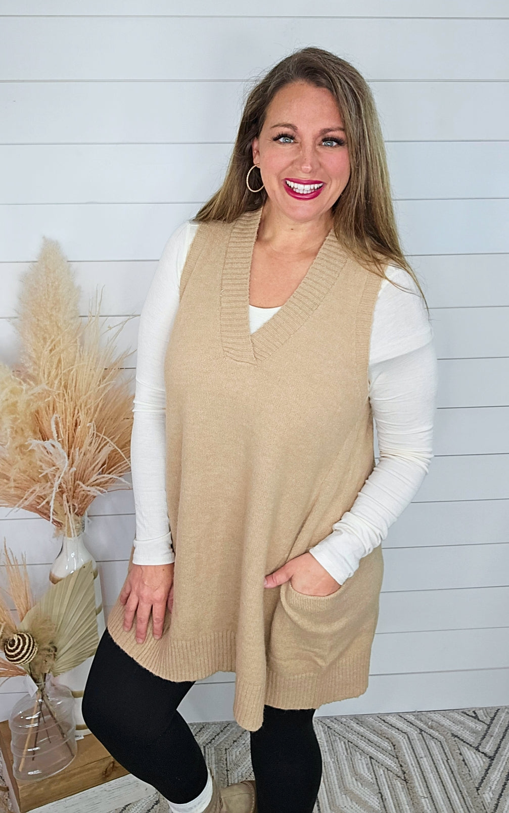 TAUPE OVERSIZED SWEATER VEST TUNIC W/ POCKETS