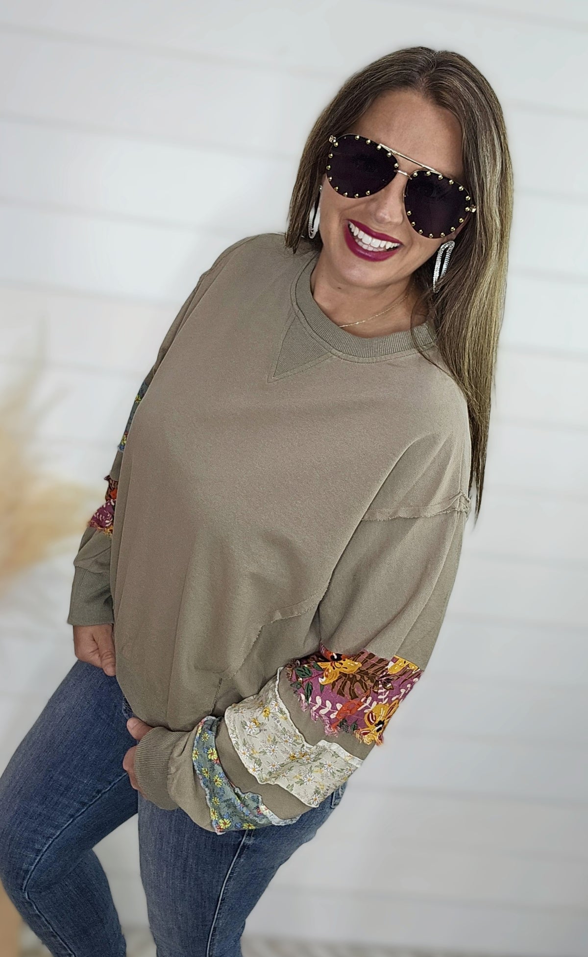 OLIVE GREY MIX PRINT SLEEVE OVERSIZED TOP