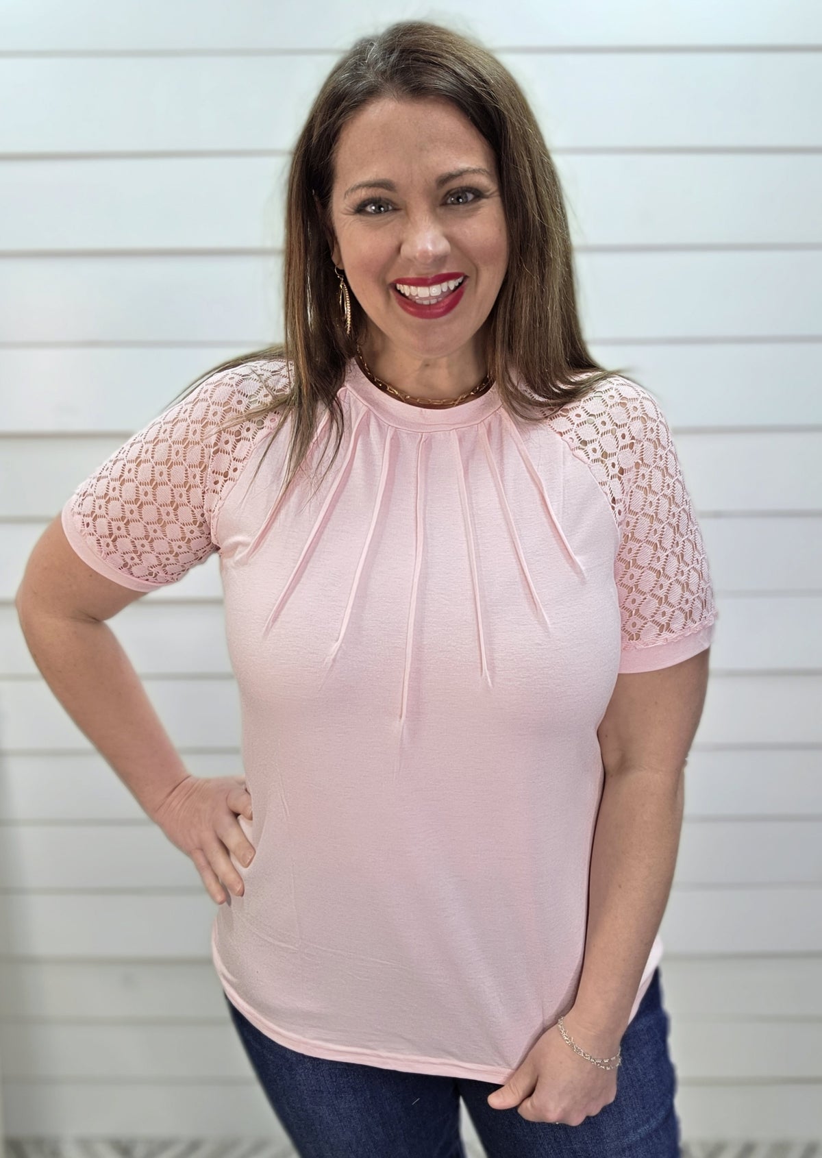 PINK SEAMED LACE SLEEVE KNIT TOP