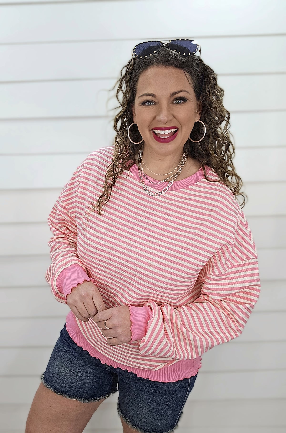 PINK STRIPED LOOSE KNIT LONG SLEEVE TOP