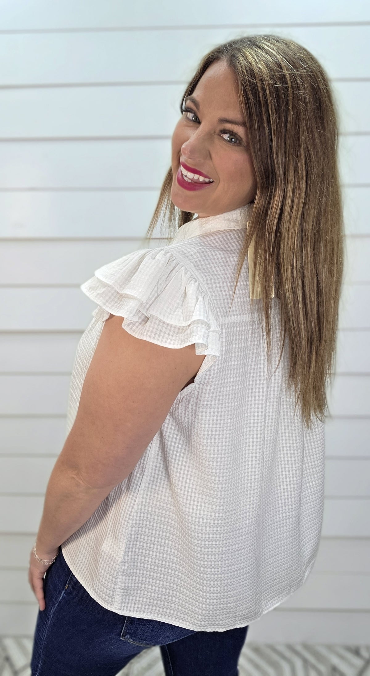 OFF WHITE Collared Neck Double Ruffle Cap Sleeve Front Button Top