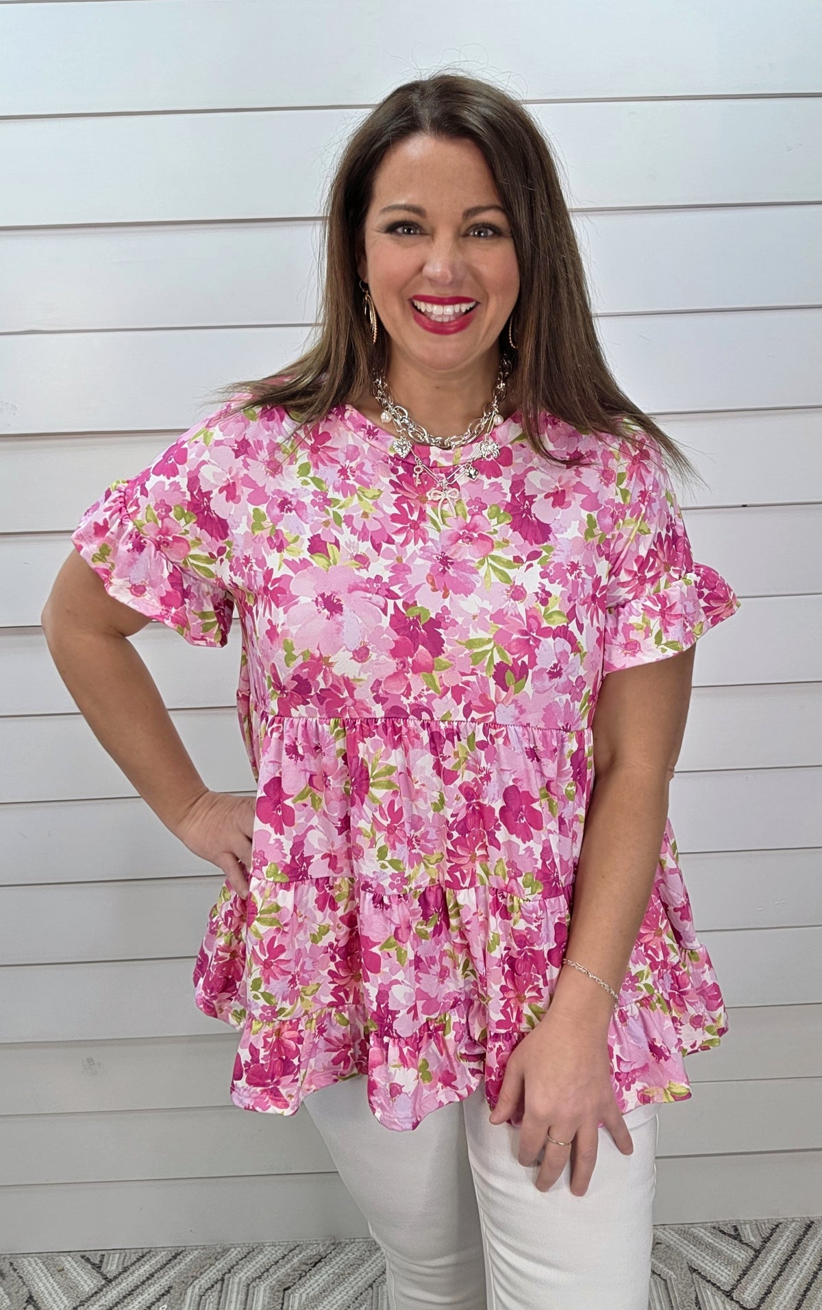 FUCHSIA FLORAL LOOSE FIT TIERED BUTTER SOFT TOP