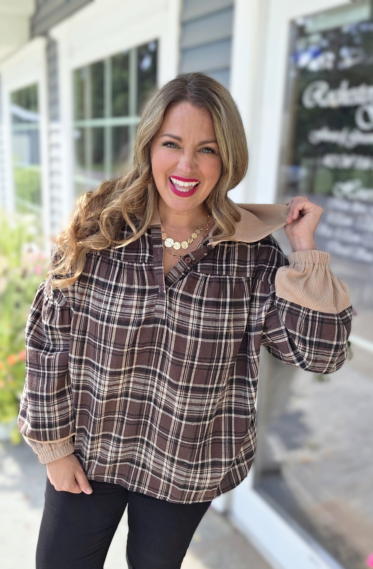BROWN PLAID LONG SLEEVE HOODED TOP