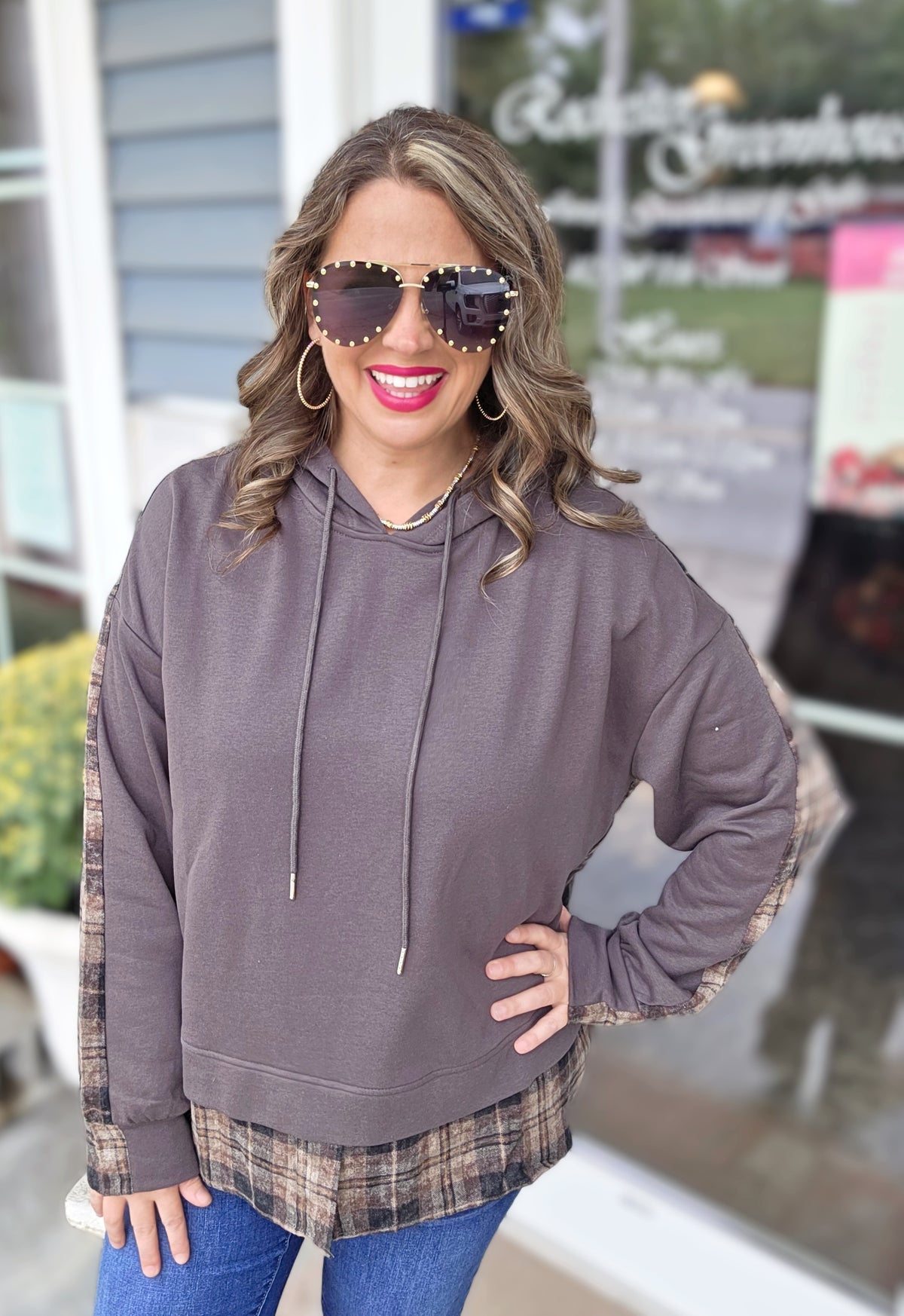 CHARCOAL/BROWN PLAID CONTRAST FRENCH TERRY HOODIE