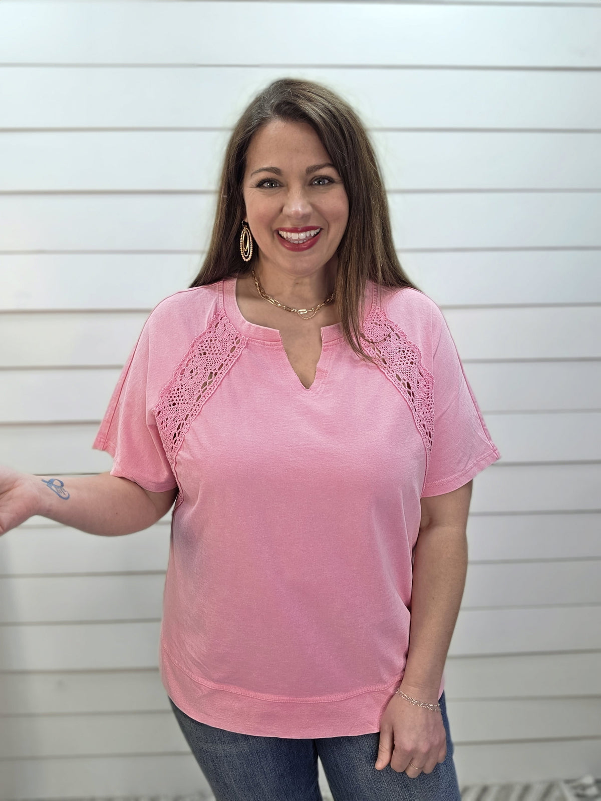 PINK MINERAL WASH LACE TRIM TOP
