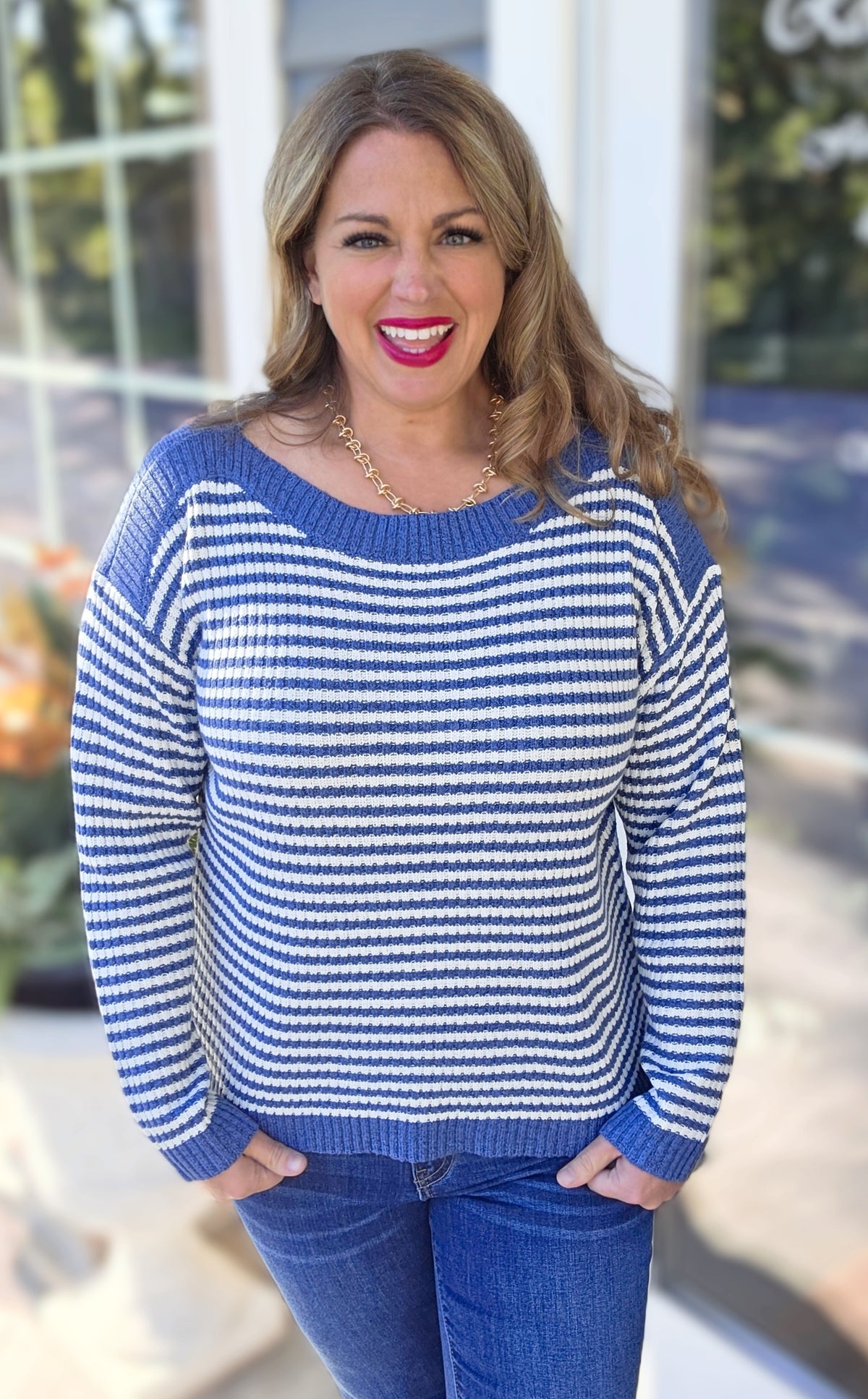 DENIM STRIPED BOAT NECK PULLOVER SWEATER