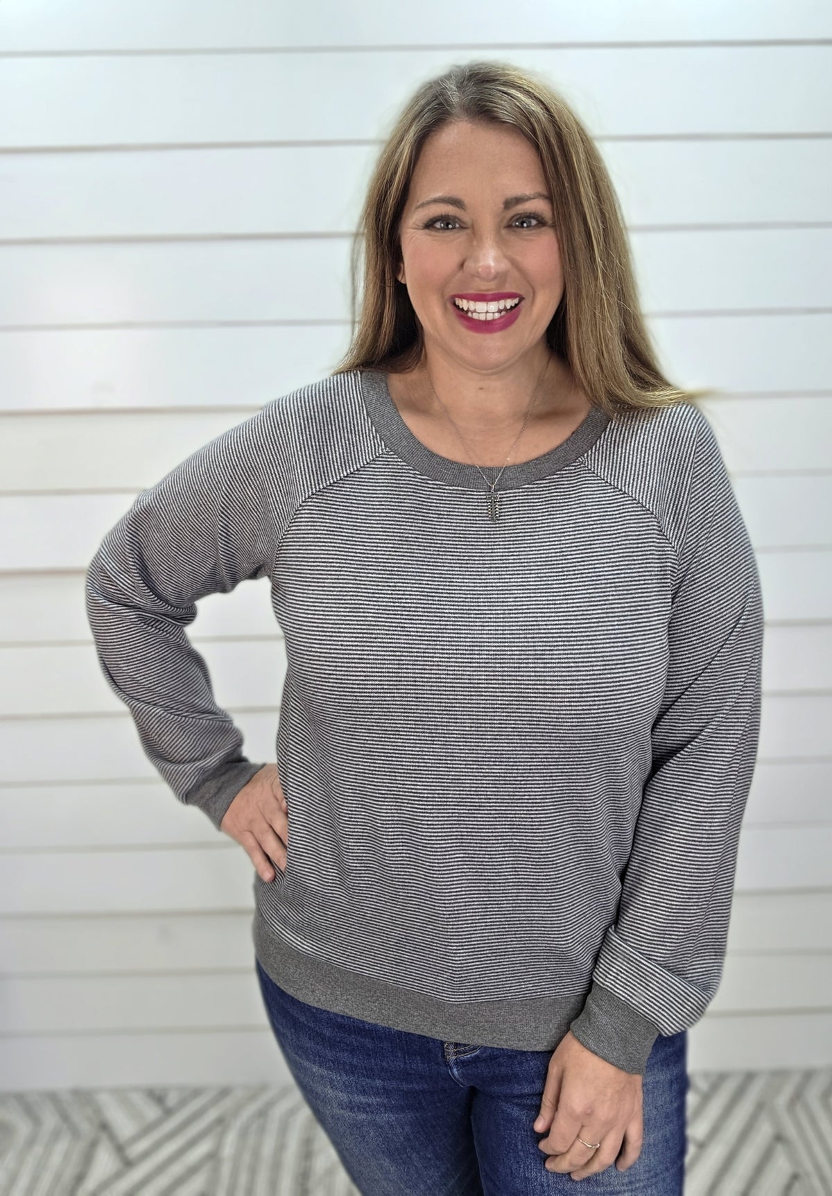 HEATHER GREY Crew Neck, Long Sleeve, Pinstriped Heavy Techno Top