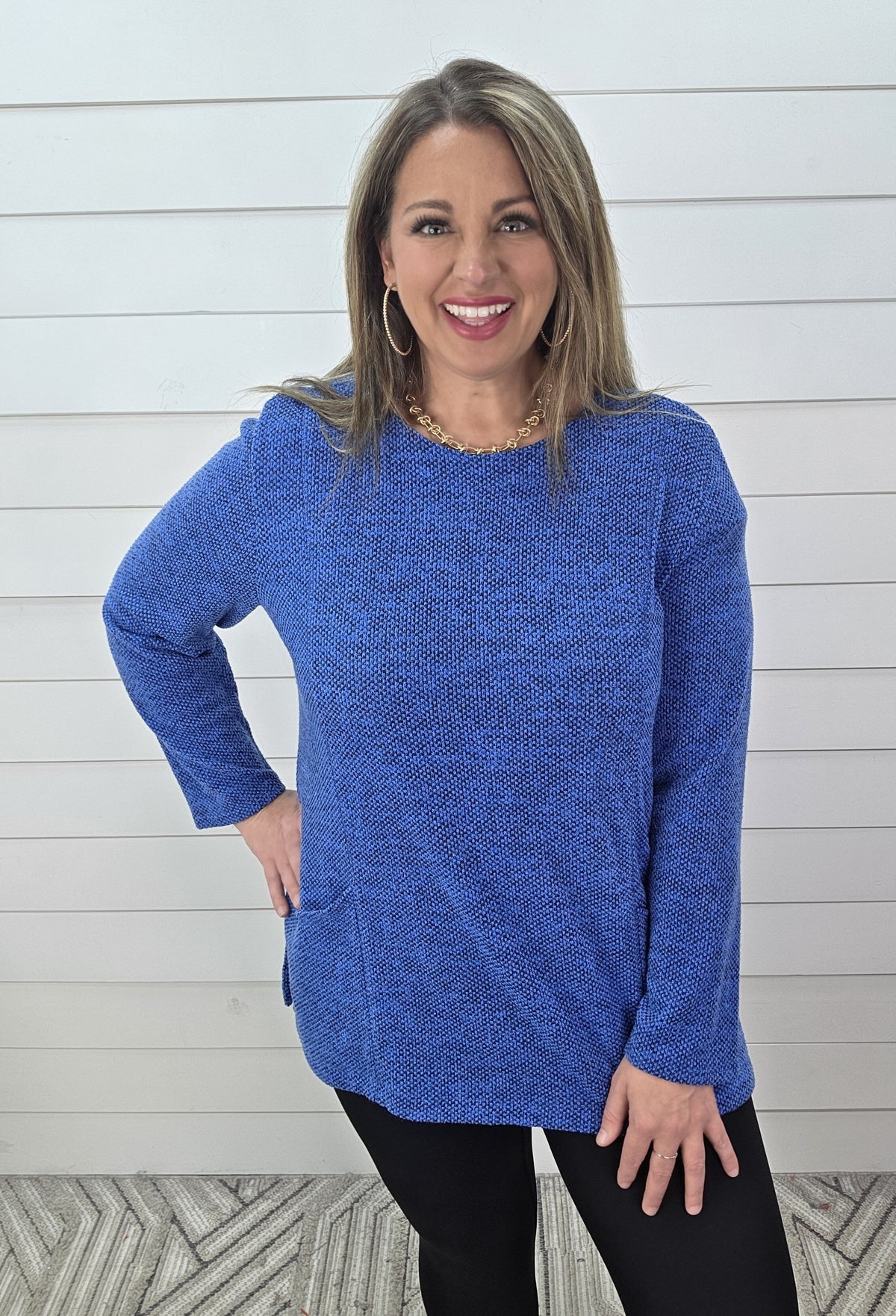 BLUE HEATHERED DOUBLE POCKET KNIT TUNIC