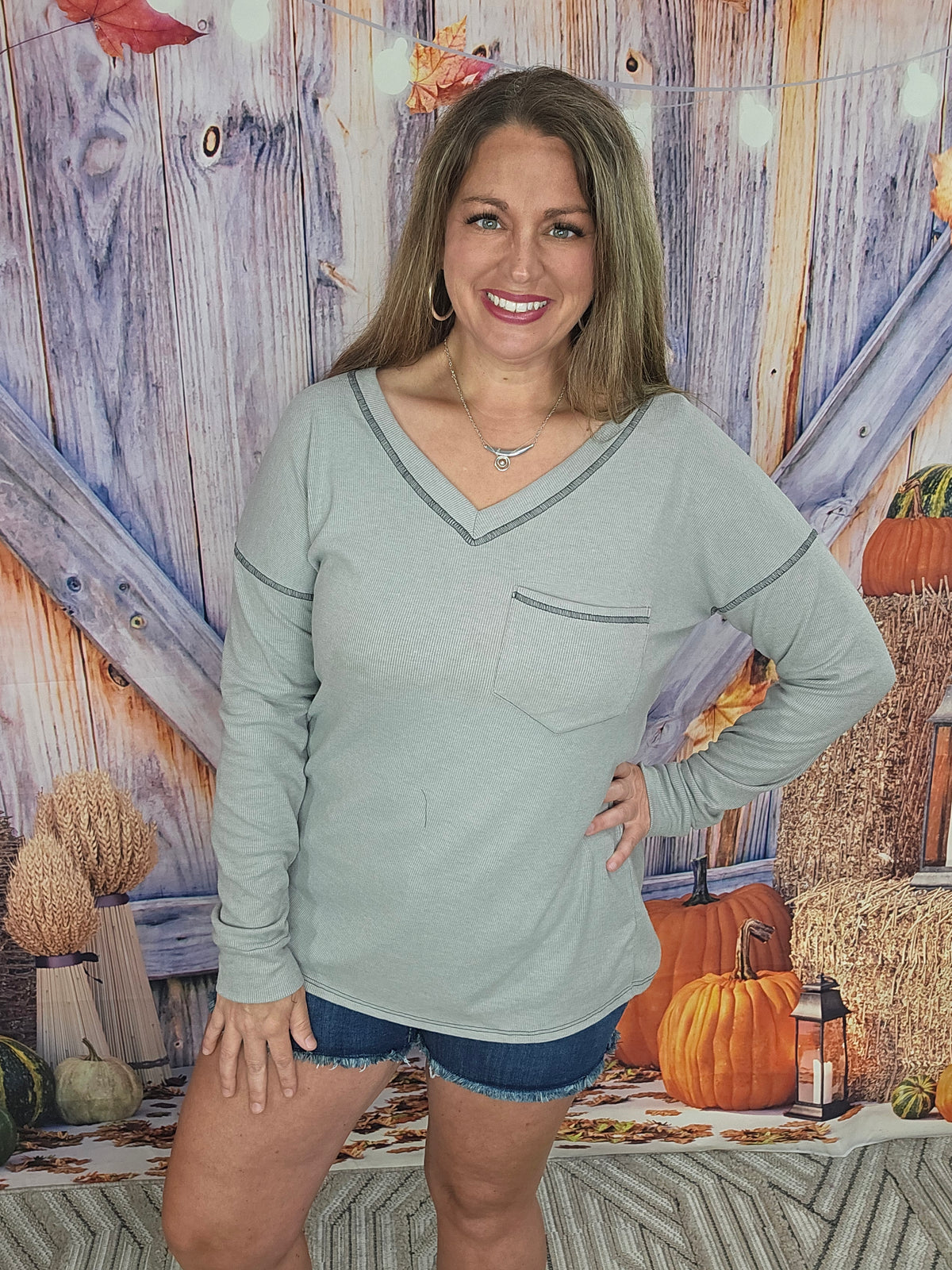 GREY BRUSHED RIBBED V NECK POCKET TOP