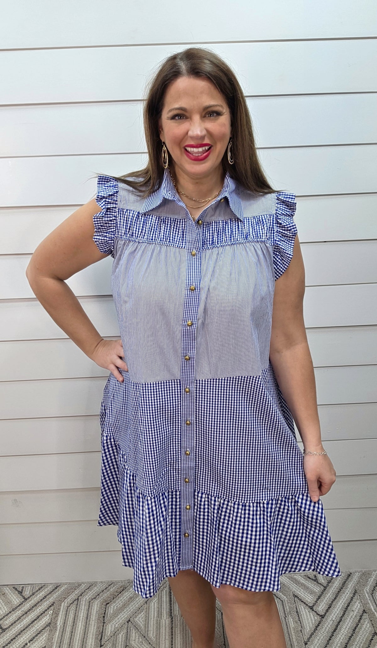 BLUE STRIPED/GINGHAM BUTTON DOWN DRESS