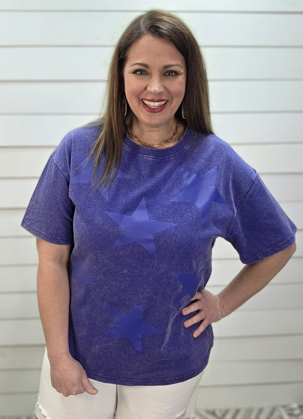 NAVY MINERAL WASH STAR KNIT TOP