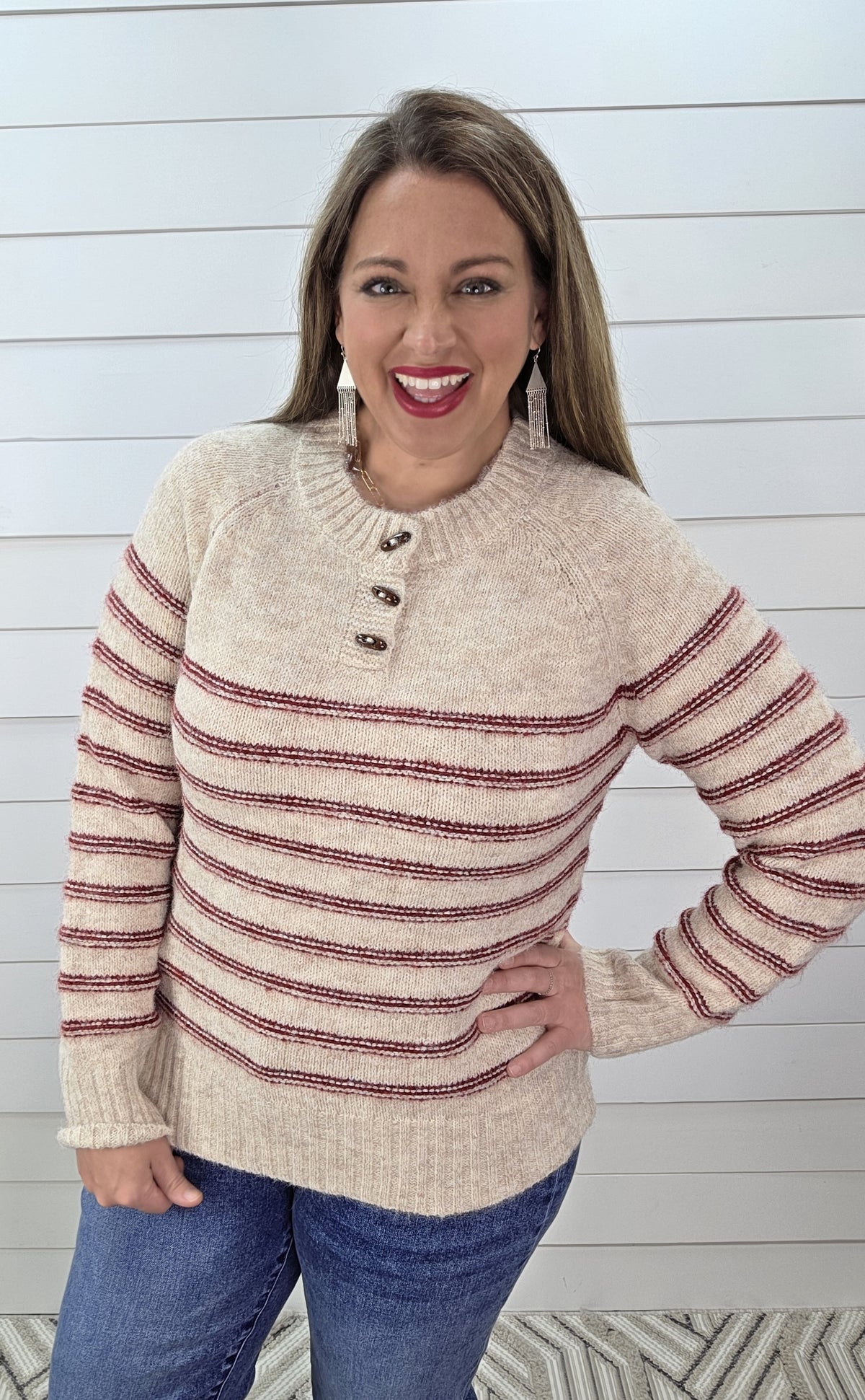 OATMEAL/RED STRIPED SWEATER WITH WOOD BUTTONS