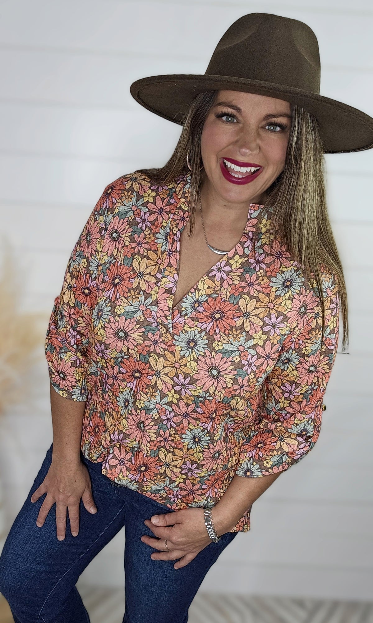 MOCHA WAFFLE TOP W/ BRIGHT FLORAL V NECK TOP