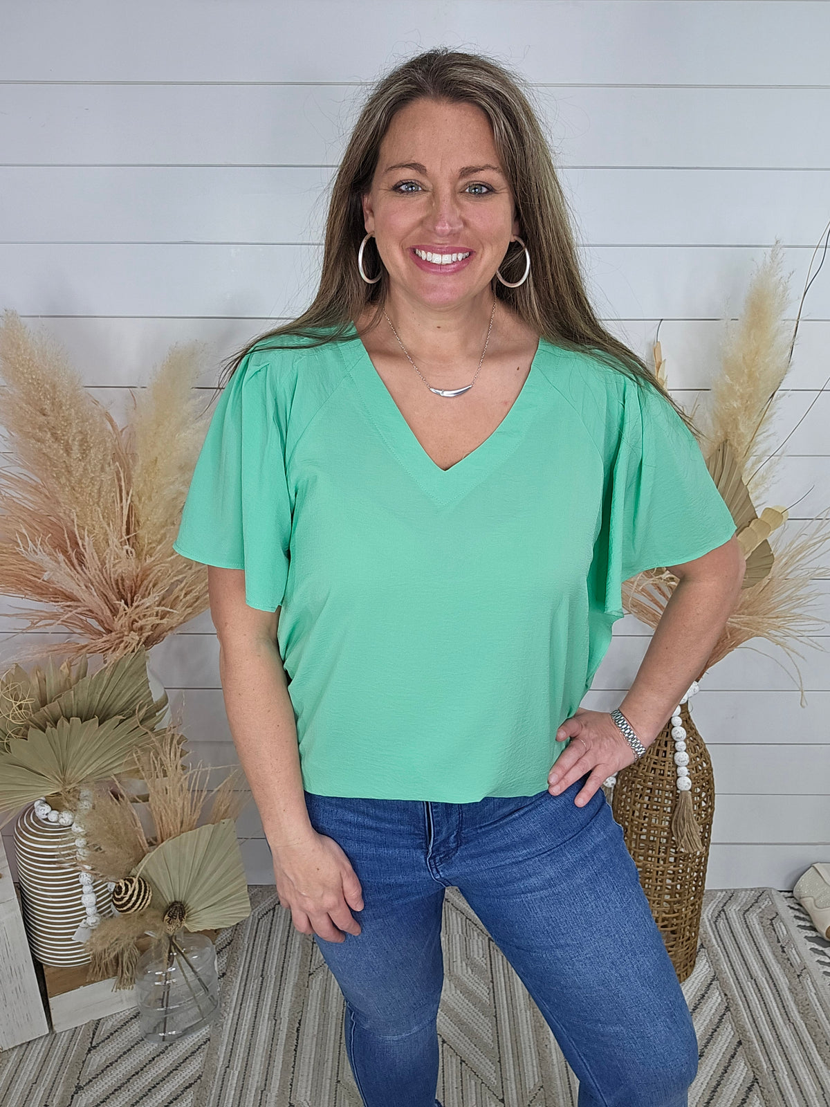 SEAFOAM SOLID BUTTERFLY SLEEVES TOP