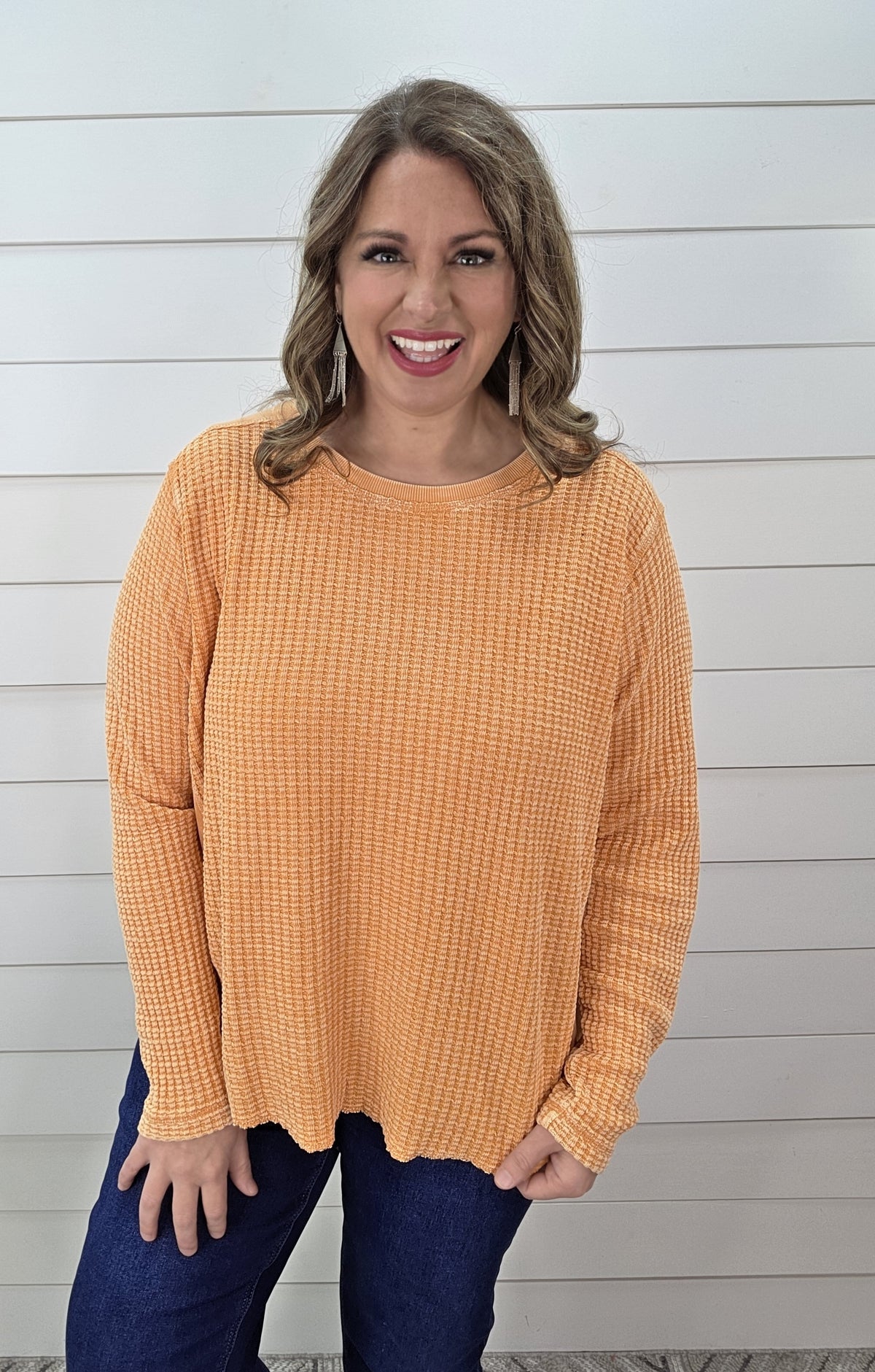 MINERAL WASH TANGERINE WAFFLE TEXTURE CONTRAST OVERSIZED TOP