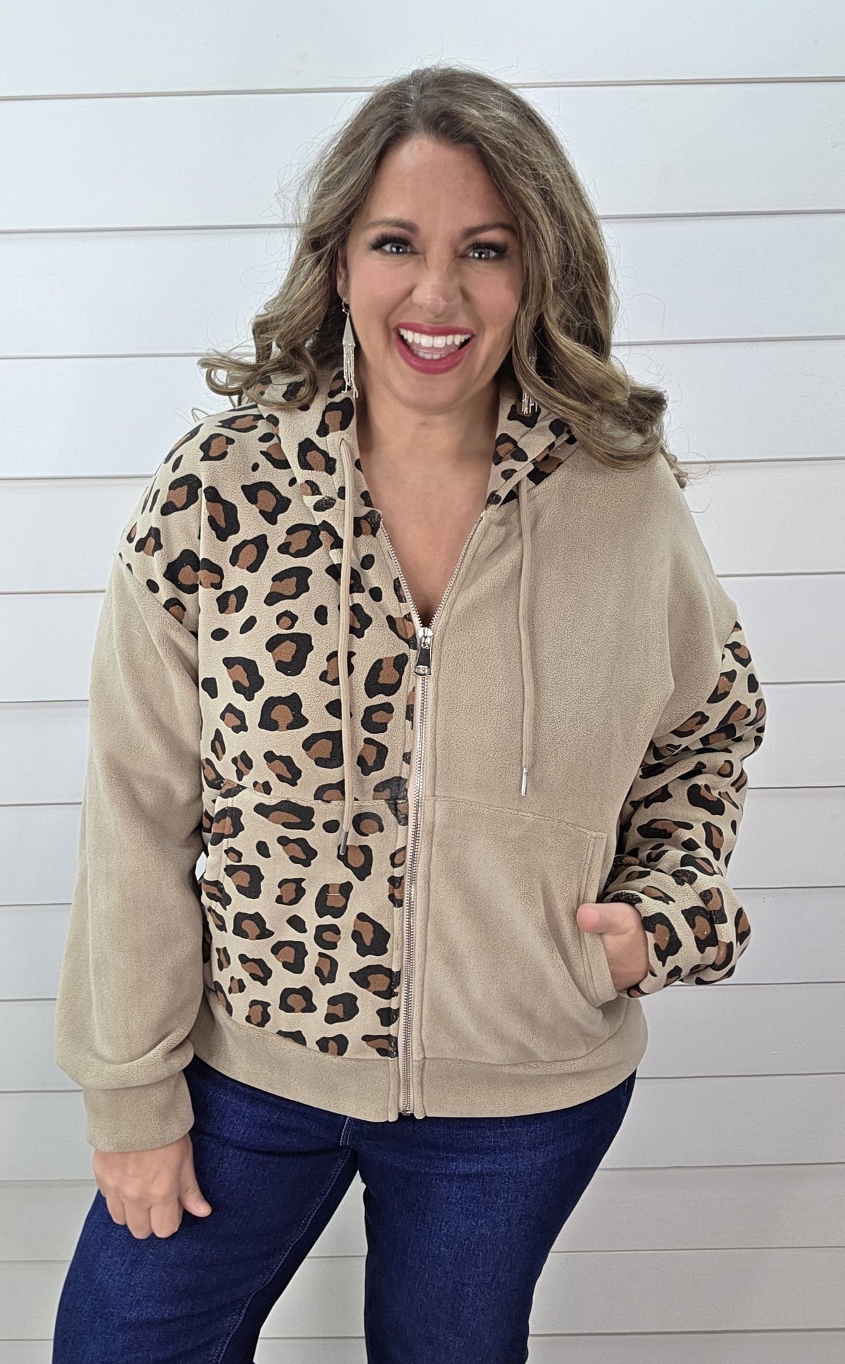 MOCHA CONTRAST LEOPARD FULL ZIP HOODED PULLOVER
