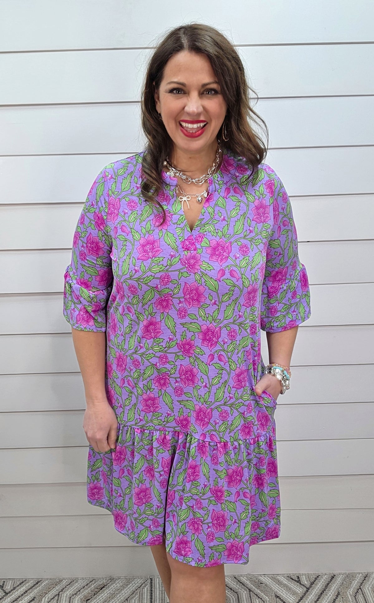 DEAR SCARLETT SUNDAY 3/4 SLEEVE RUFFLE DETAIL DRESS - LAVENDER/PINK FLORAL