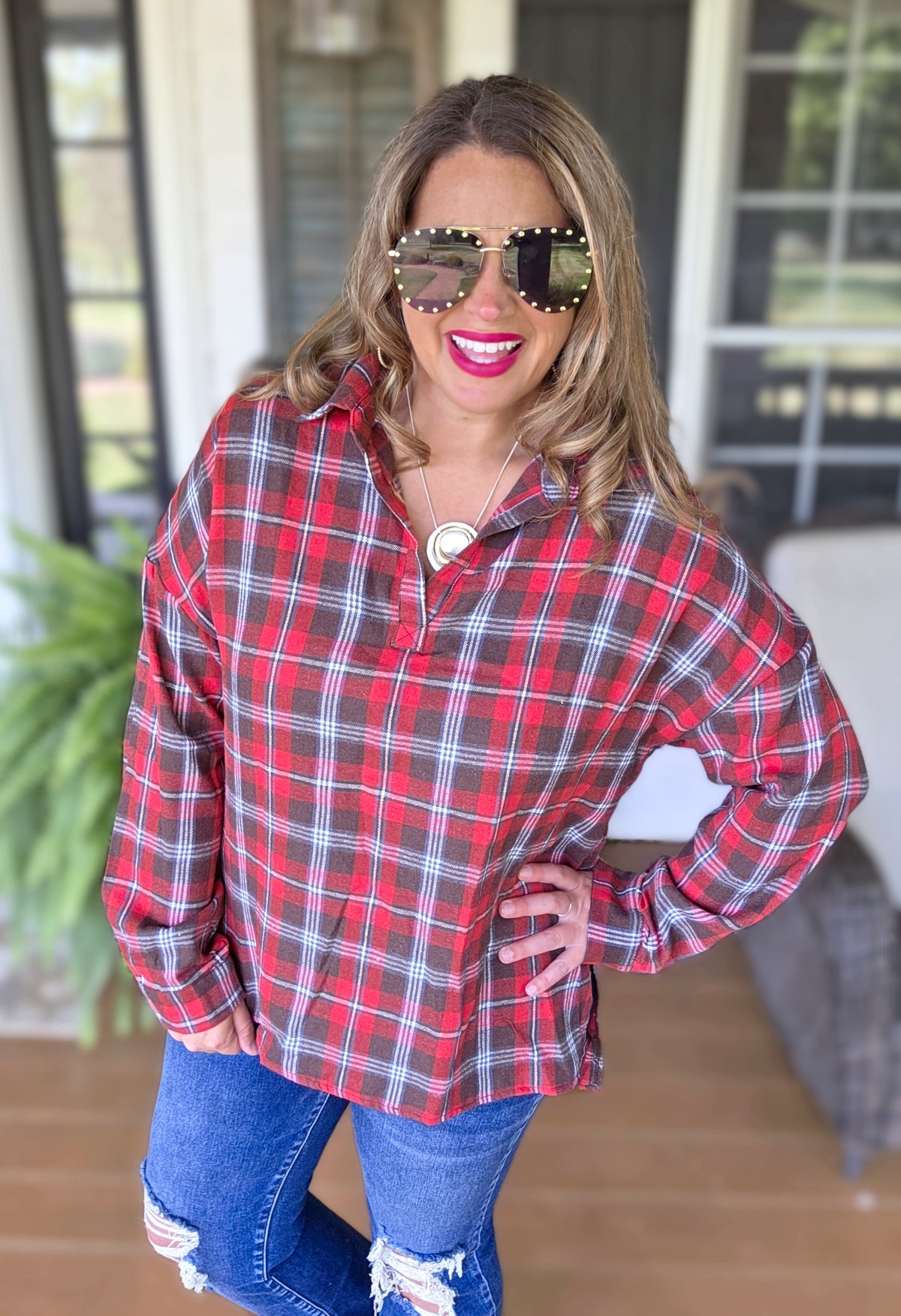 RED PLAID V NECK HI LOW TOP