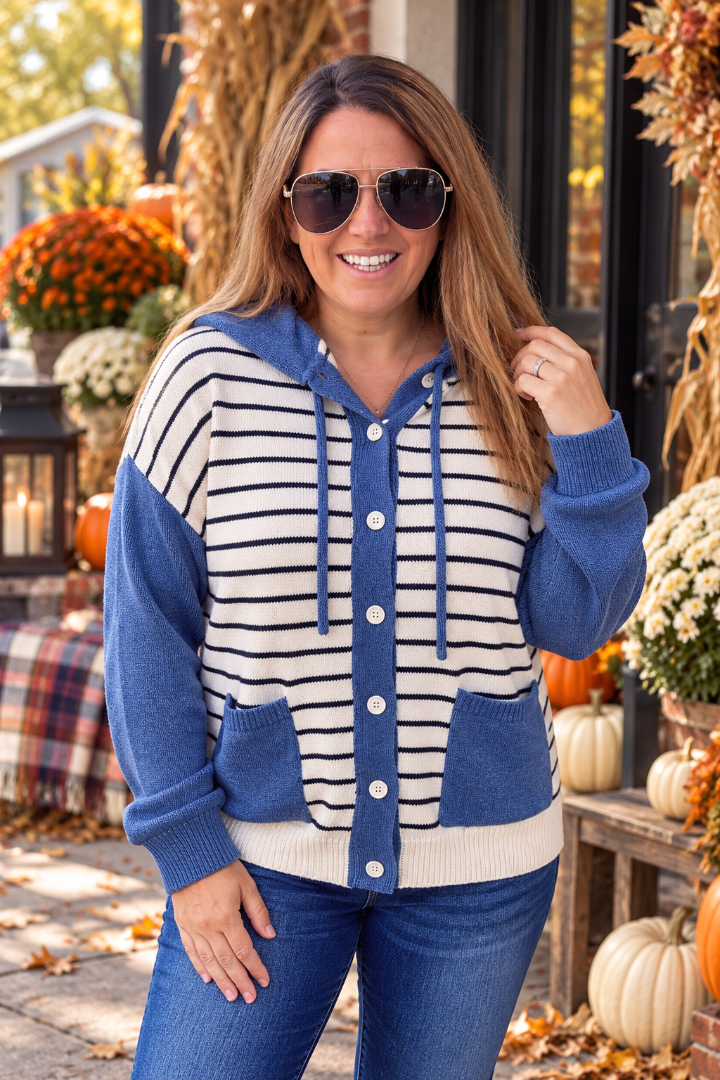 IVORY/DENIM Striped, Hoodie, Button Down Jacket Cardigan Sweater