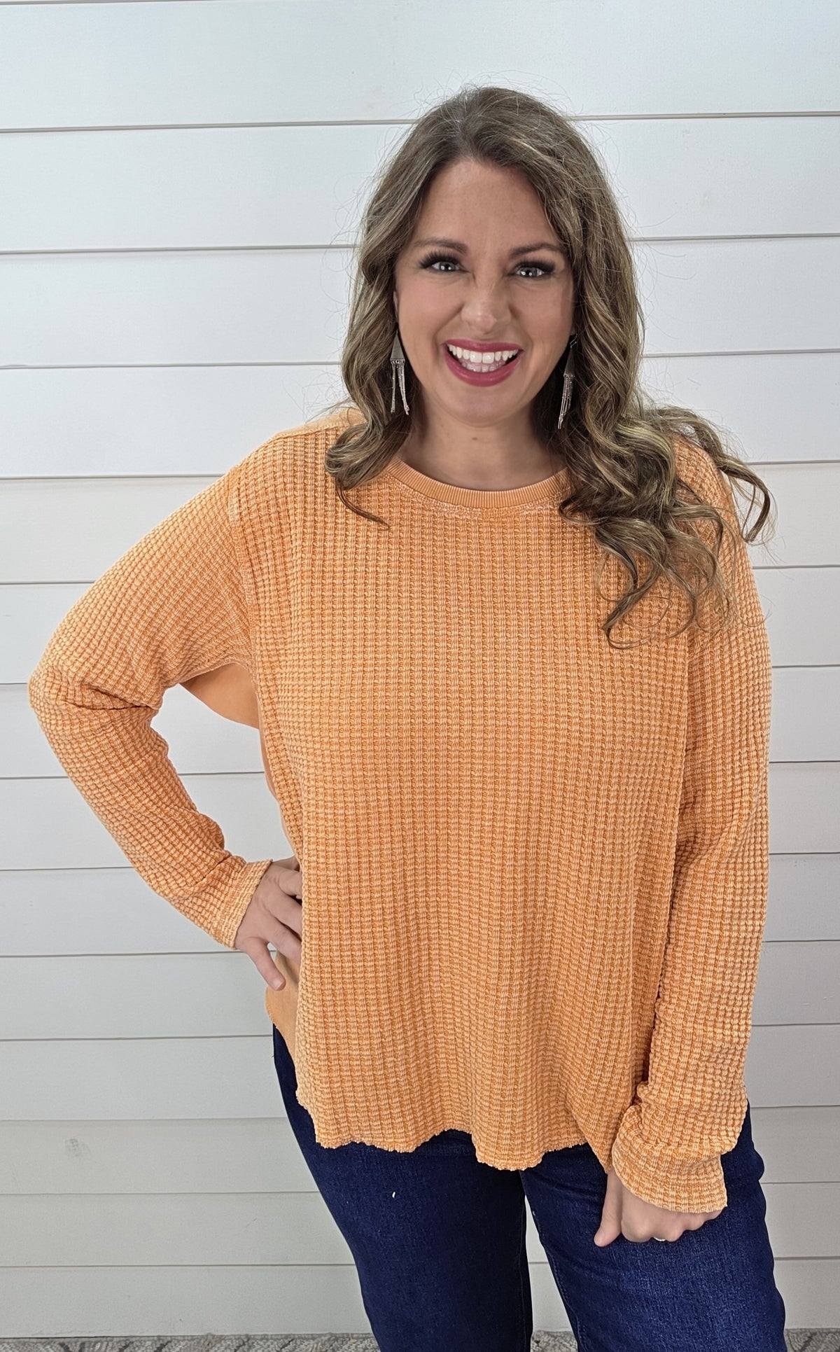 MINERAL WASH TANGERINE WAFFLE TEXTURE CONTRAST OVERSIZED TOP