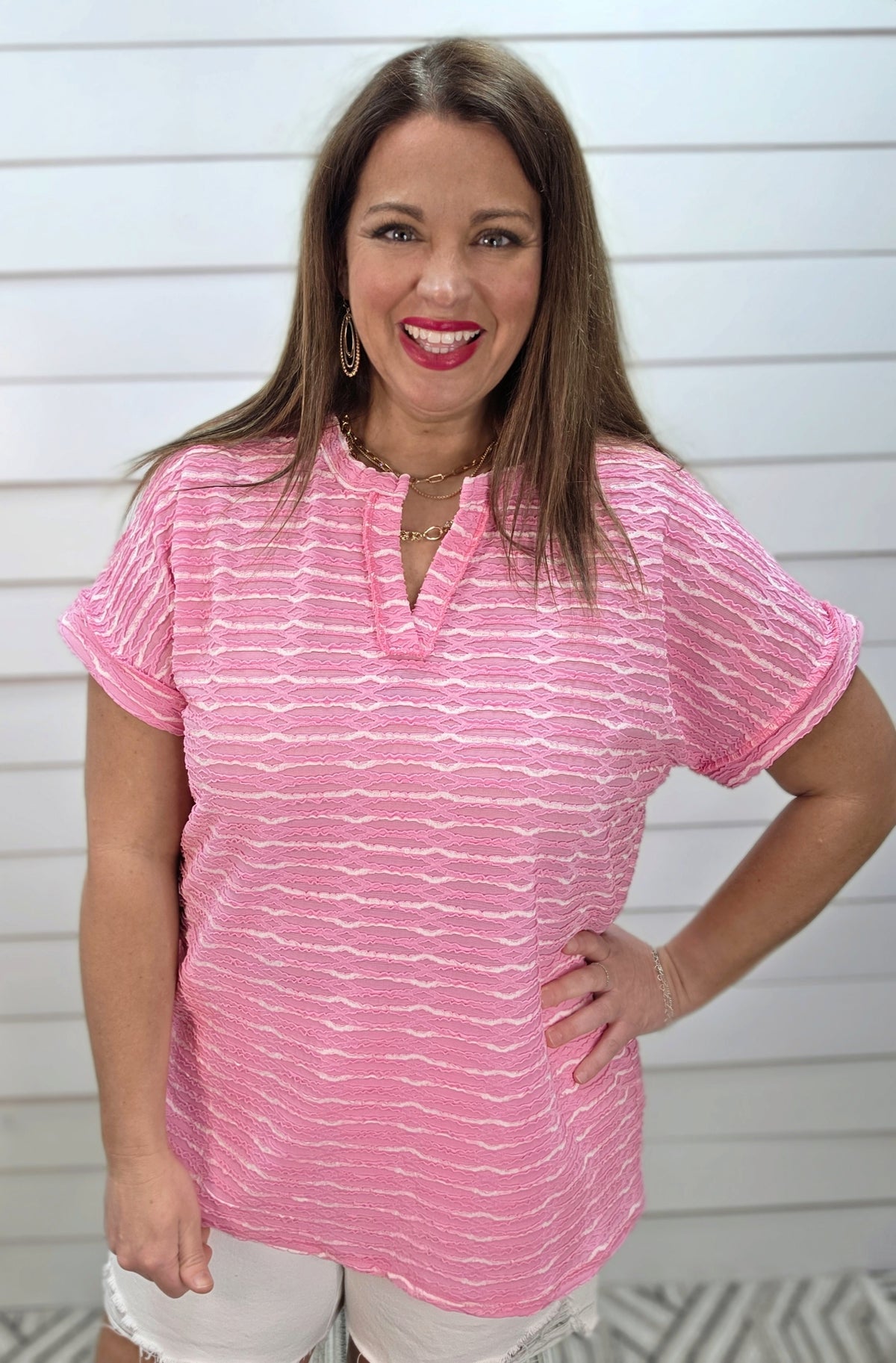PINK/WHITE STRIPED TEXTURED V NECK KNIT TOP