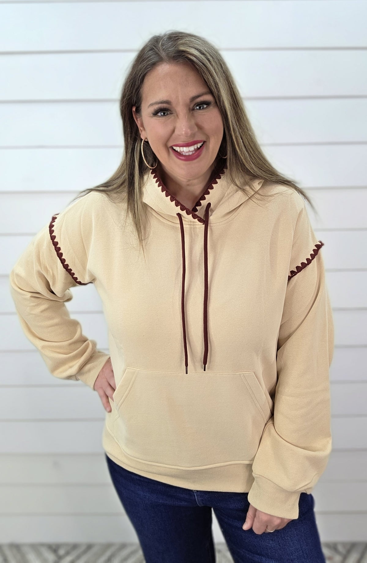 BEIGE/WINE STITCHED HOODIE