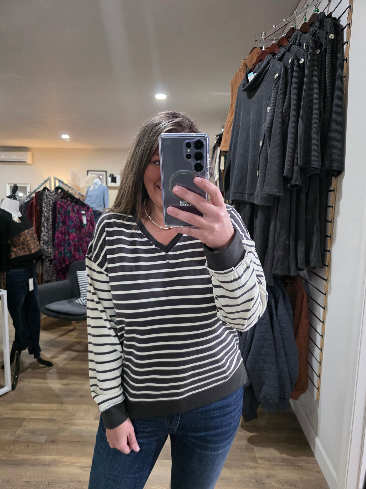 CHARCOAL DOUBLE V STRIPED FRENCH TERRY CONTRAST TOP