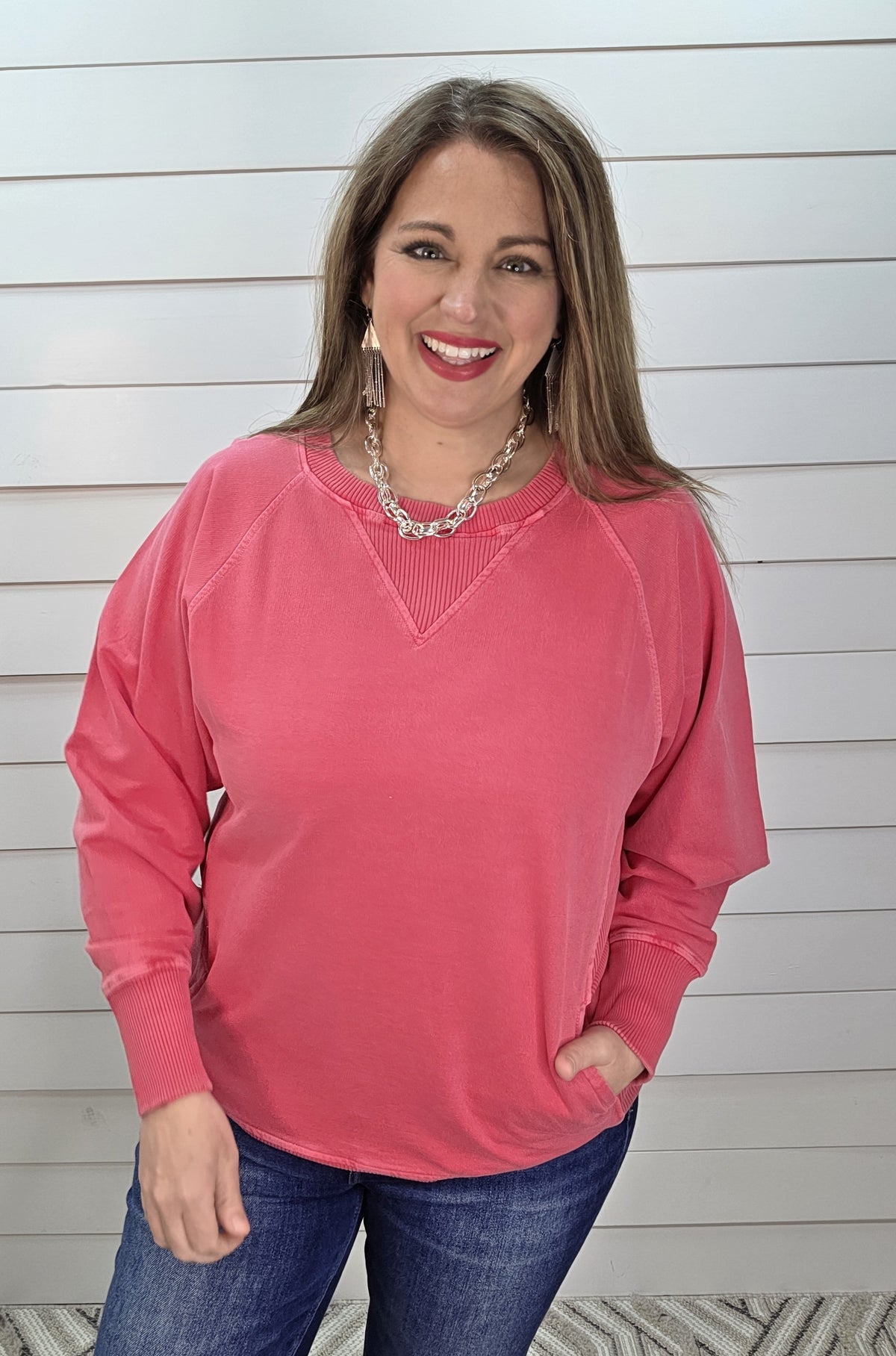 DARK RED FRENCH TERRY PULLOVER WITH POCKETS