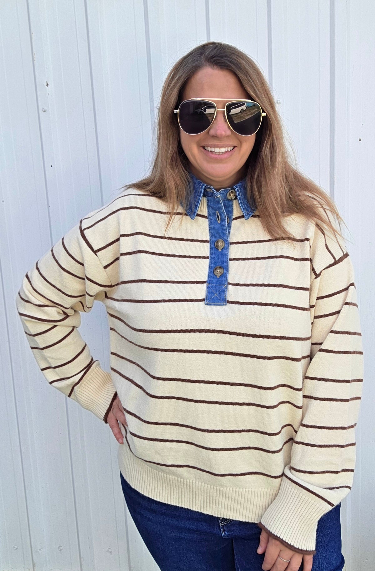Oatmeal Denim Collar Striped Long Sleeve Sweater
