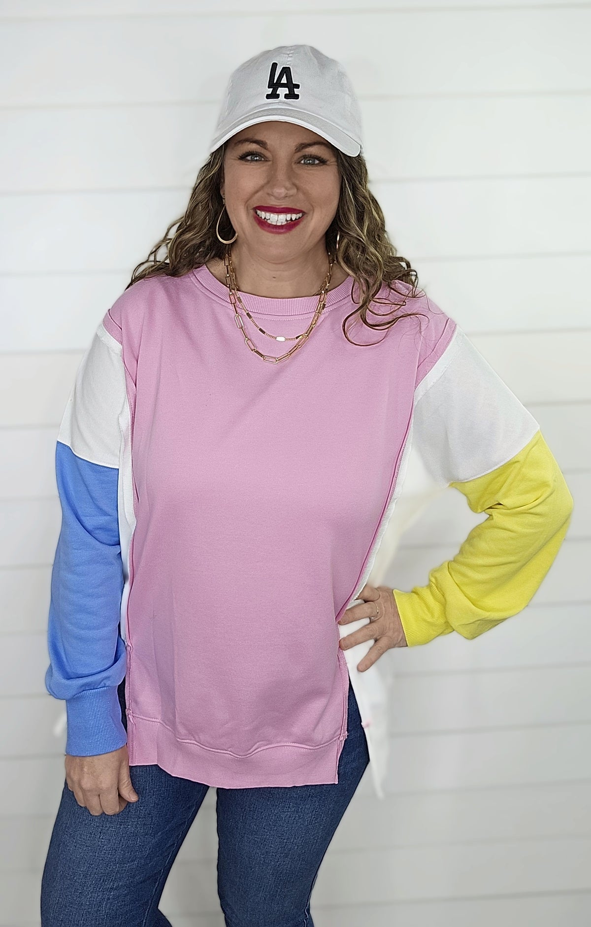 PINK/BLUE/YELLOW COLORBLOCK RAW EDGE PULLOVER