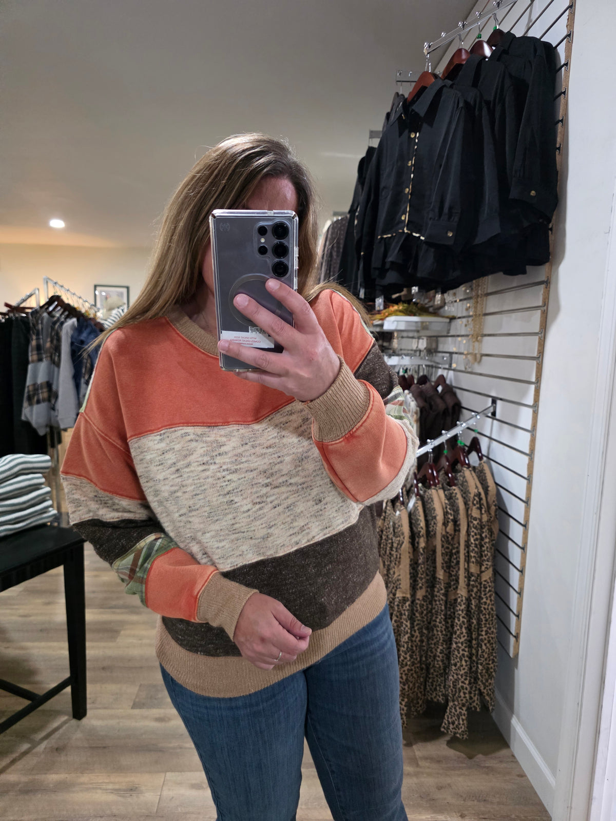 RUST MIX FABRIC/PLAID PULLOVER