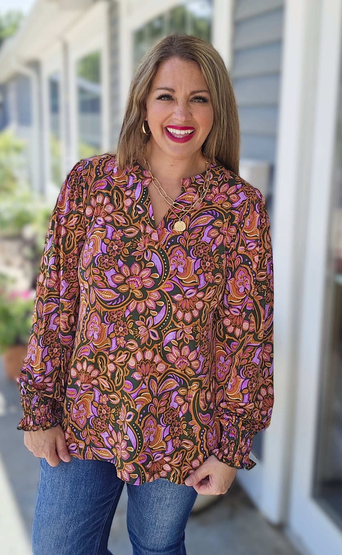 DEAR SCARLETT OLIVE/MUSTARD/PURPLE FLORAL LONG SLEEVE SMOCKED LIZZY