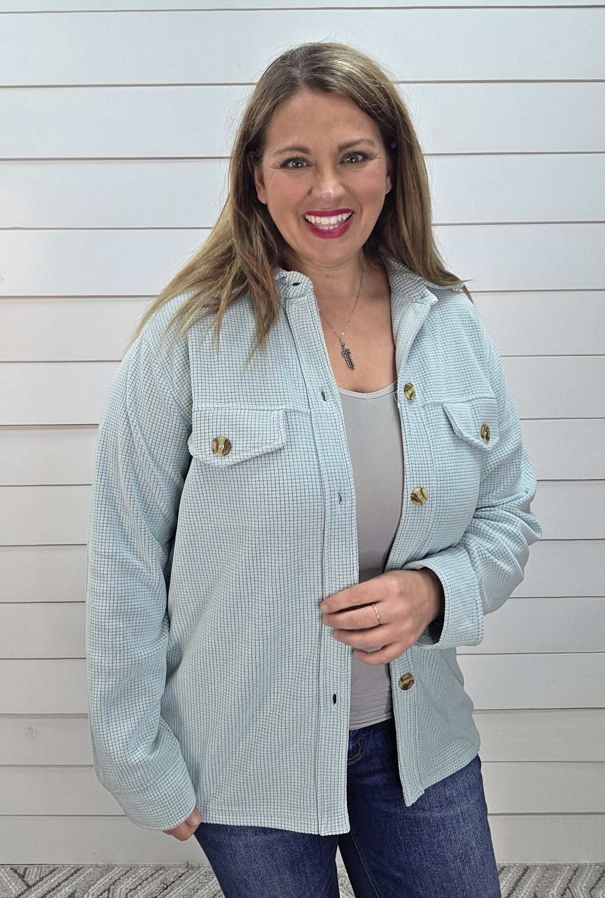 MINT RAISED BRUSHED CHECKED TEXTURE BUTTON DOWN KNIT TOP