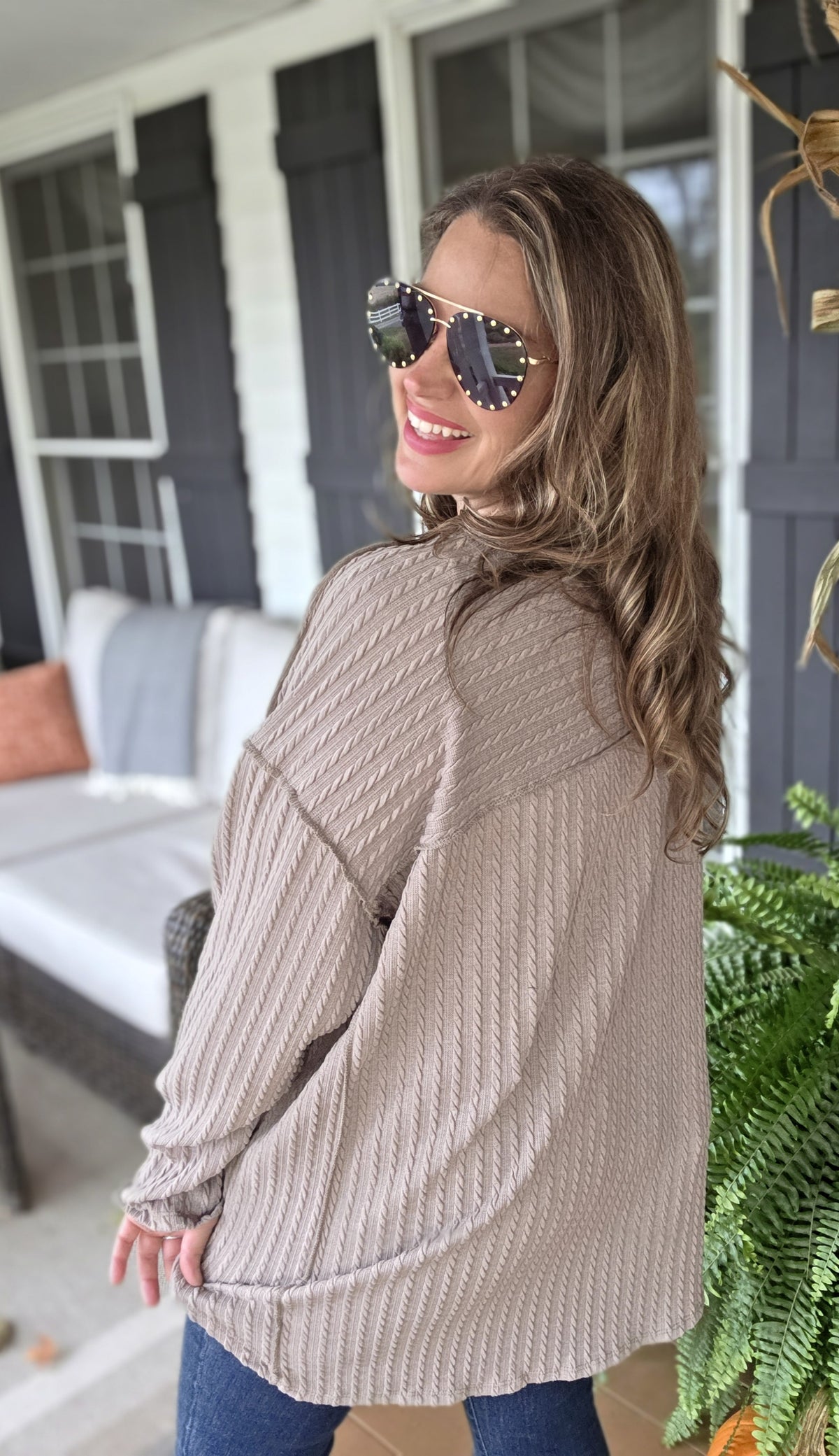 LT BROWN TEXTURED CREW NECK KNIT TOP