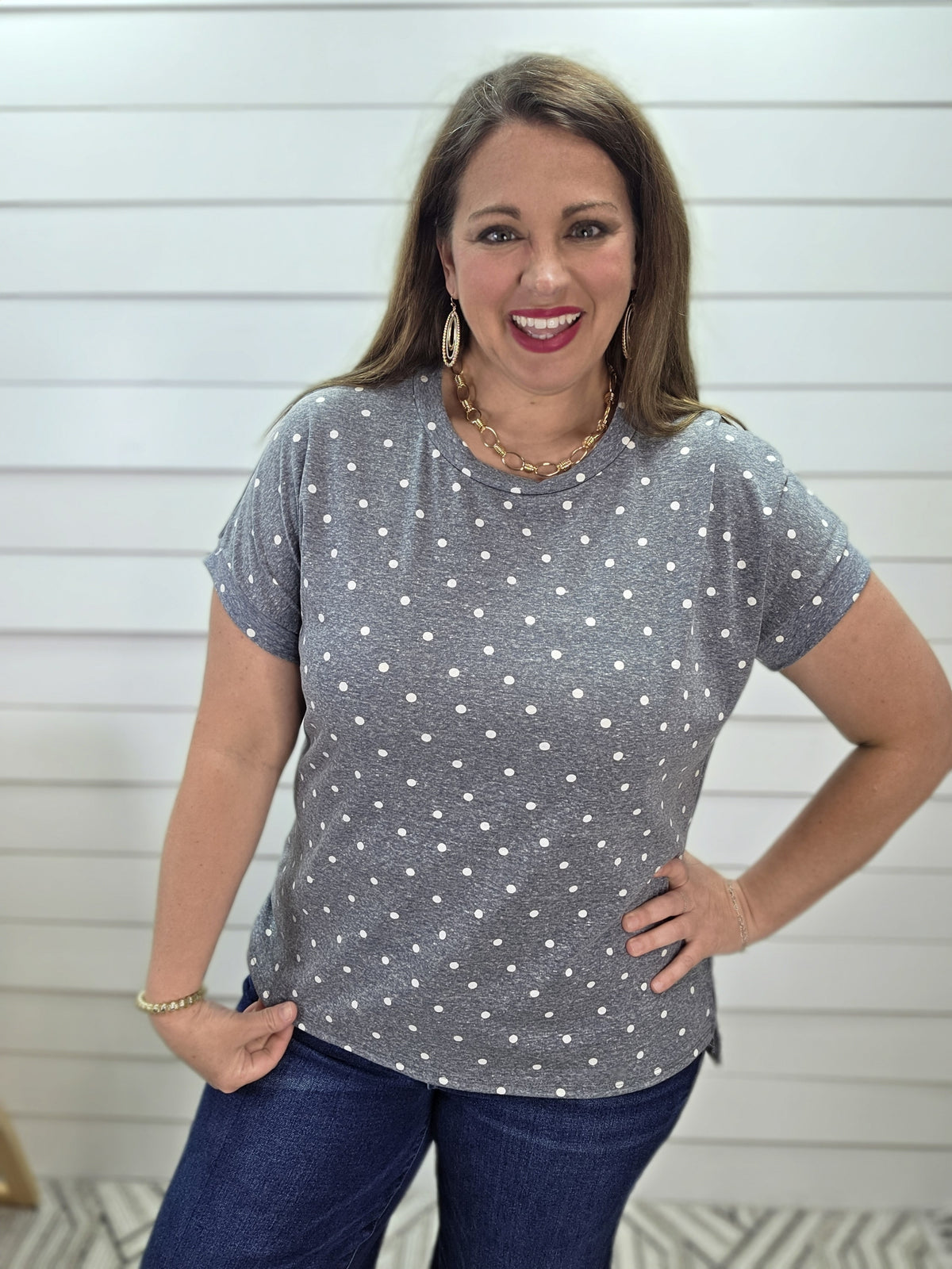 HEATHERED DENIM POLKA DOT KNIT TOP