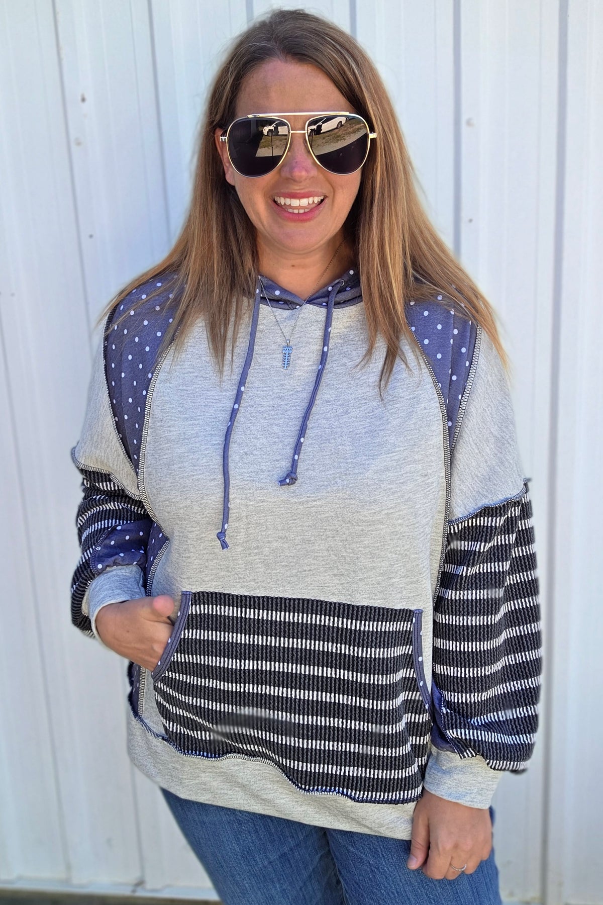 HEATHERED GREY/CHARCOAL Combines Solid French Terry Body With Polka Dot Print Long Sleeves And Striped