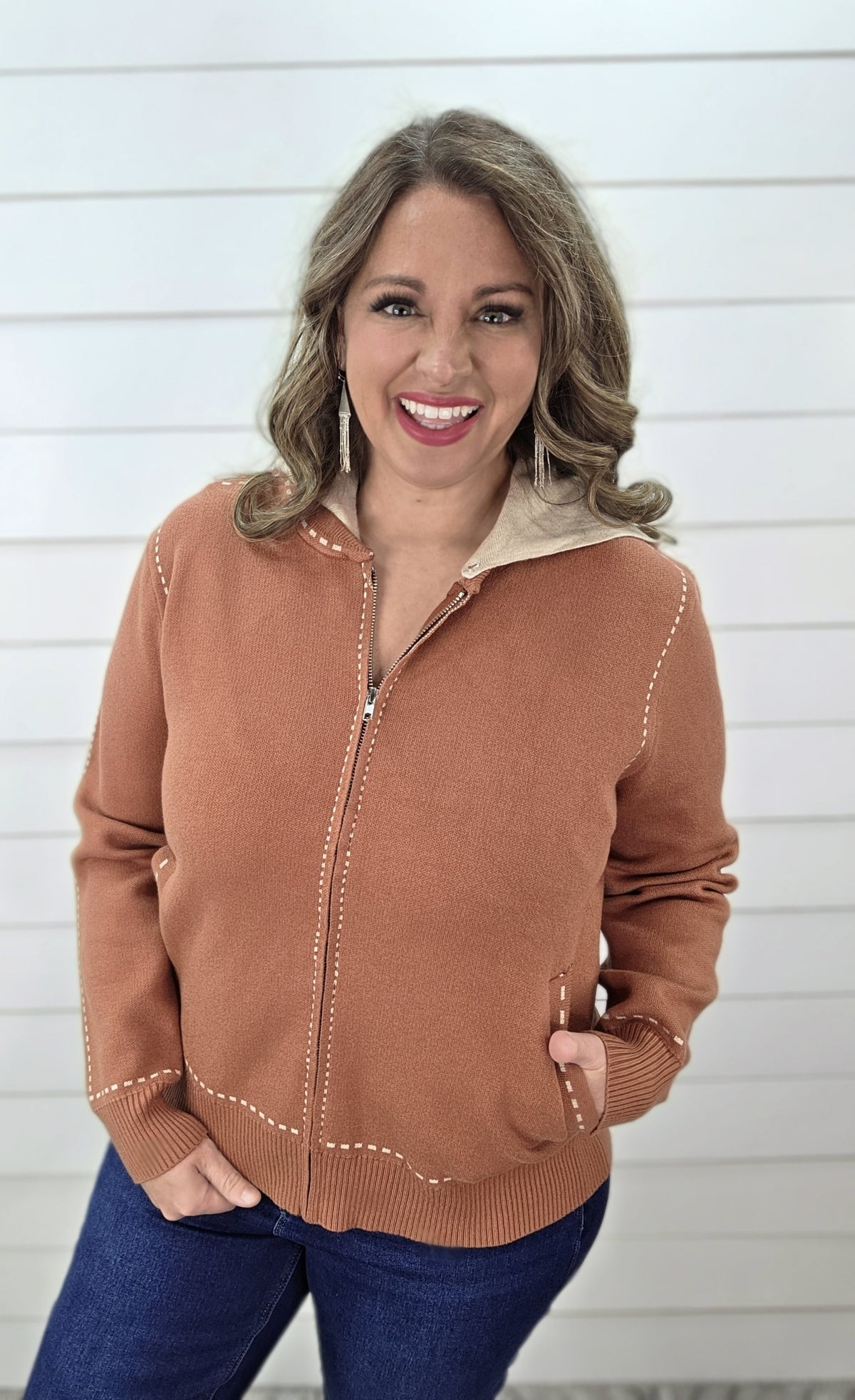 COPPER REMOVEABLE HOOD STITCH ACCENT FULL ZIP SWEATER