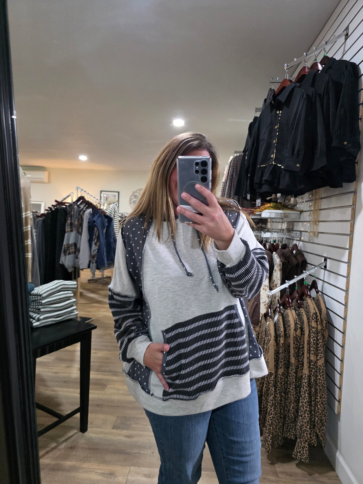 HEATHERED GREY/CHARCOAL Combines Solid French Terry Body With Polka Dot Print Long Sleeves And Striped