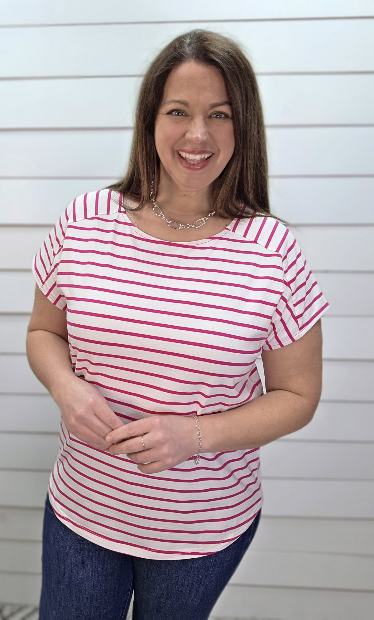 FUCHSIA/WHITE STRIPED BOAT NECK KNIT TOP