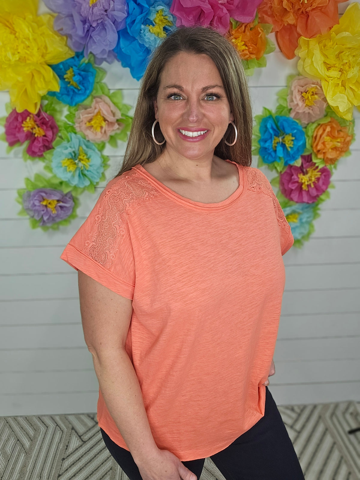 CORAL LACE TRIM COTTON TOP