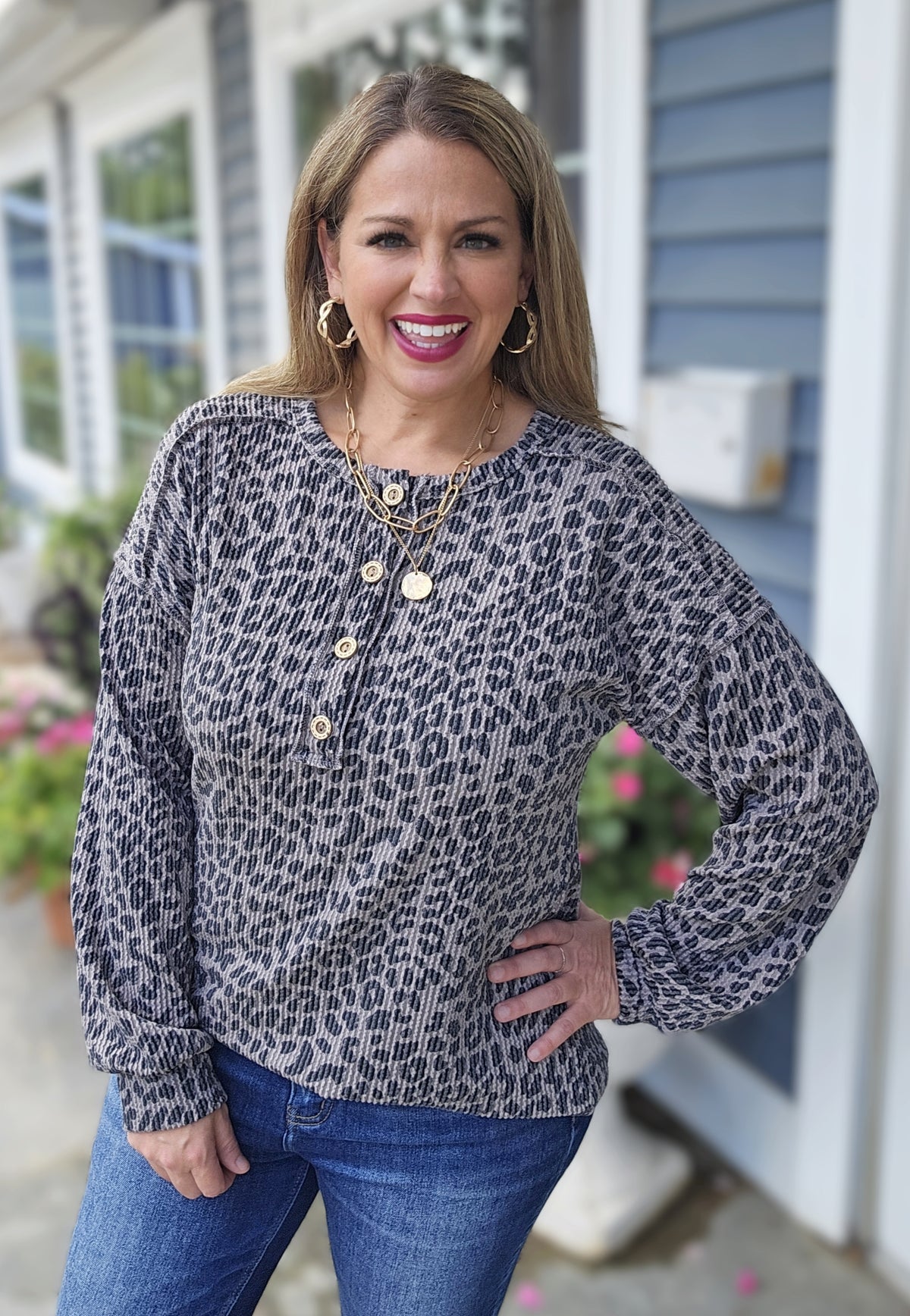 COCO ANIMAL HENLEY RAISED RIBBED LONG SLEEVE KNIT TOP